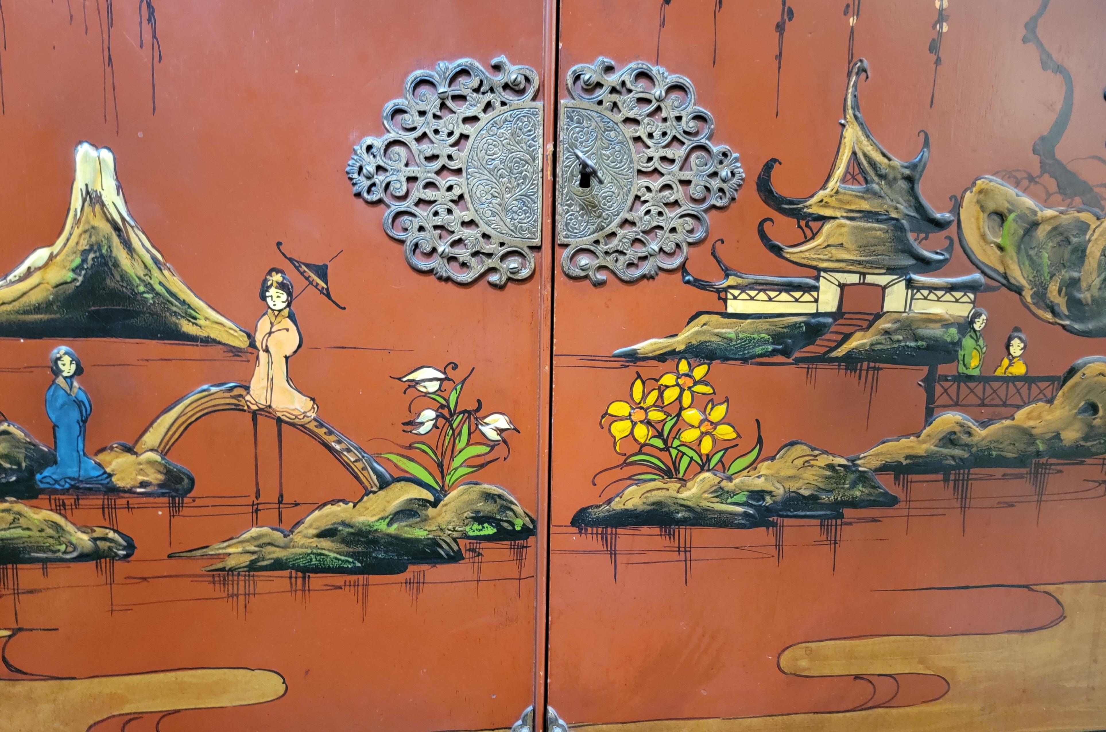 Hand painted Chinoiserie 2 door cabinet. America, circa. 1930's. In the manner of Baker Furniture. 