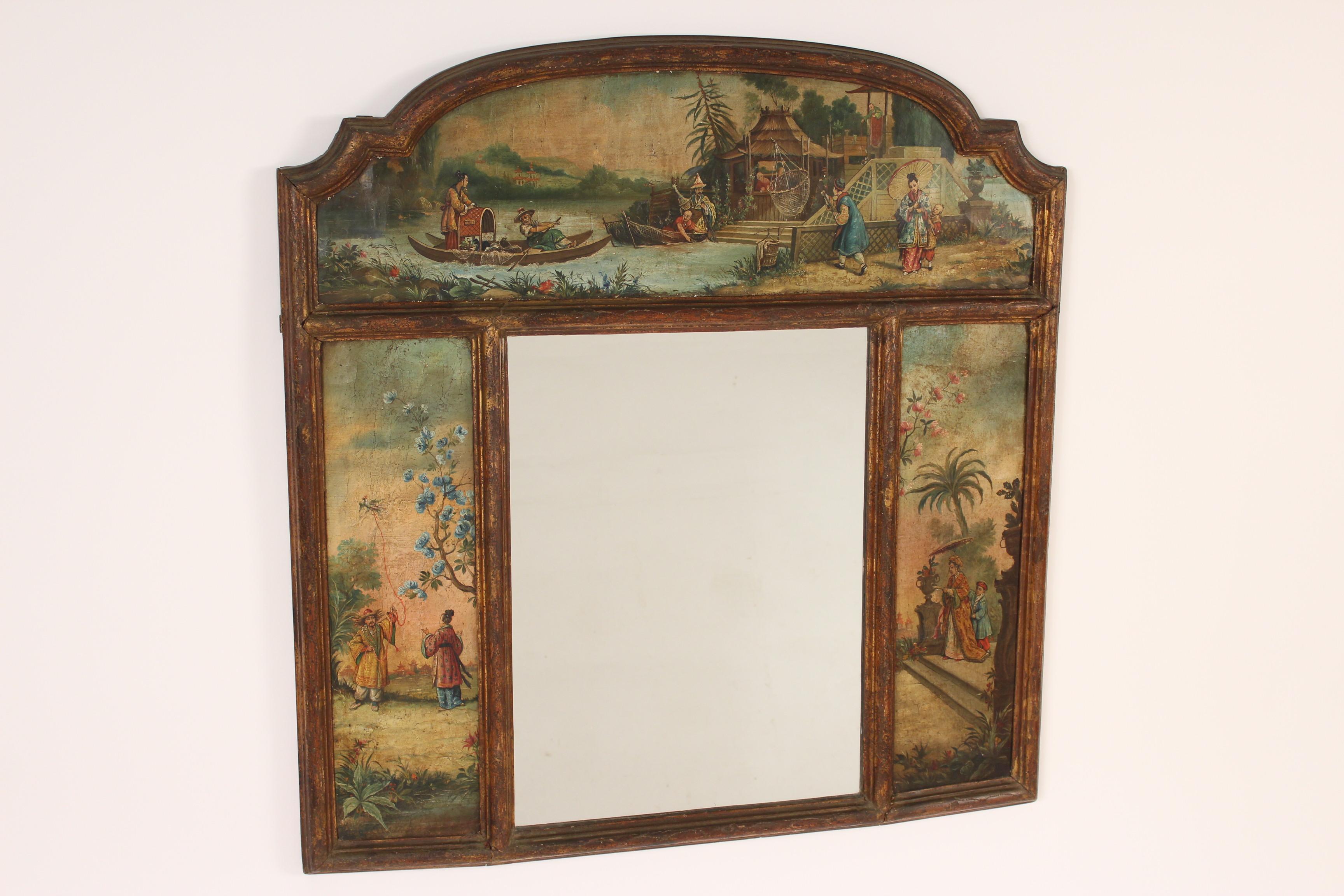 Italian giltwood and painted mirror with chinoiserie painted panels, 19th century. The painted panels are on paper. The gilding has darkened with age.