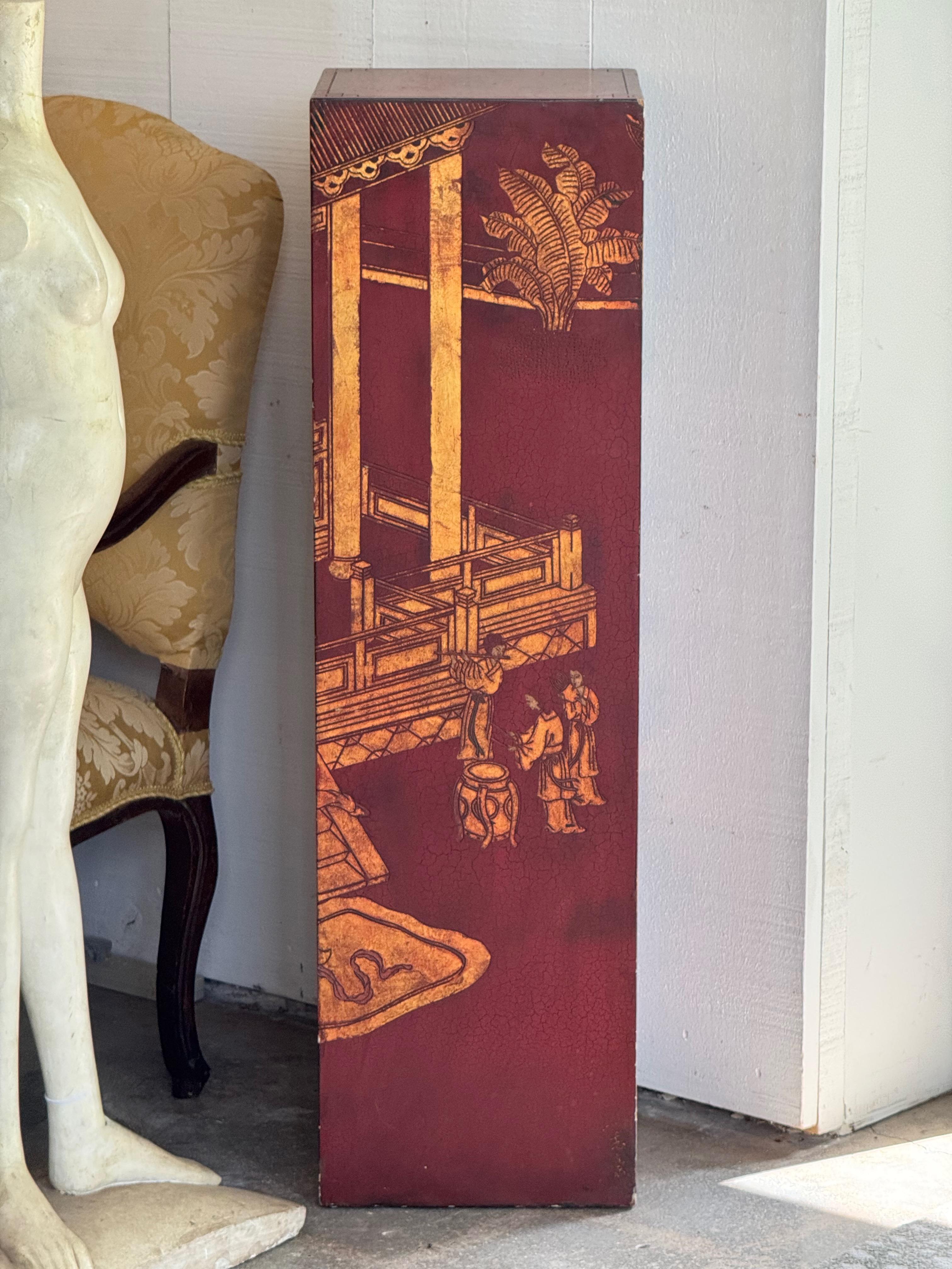 British Chinoiserie Painted Pedestal With Red Lacquer Finish For Sale
