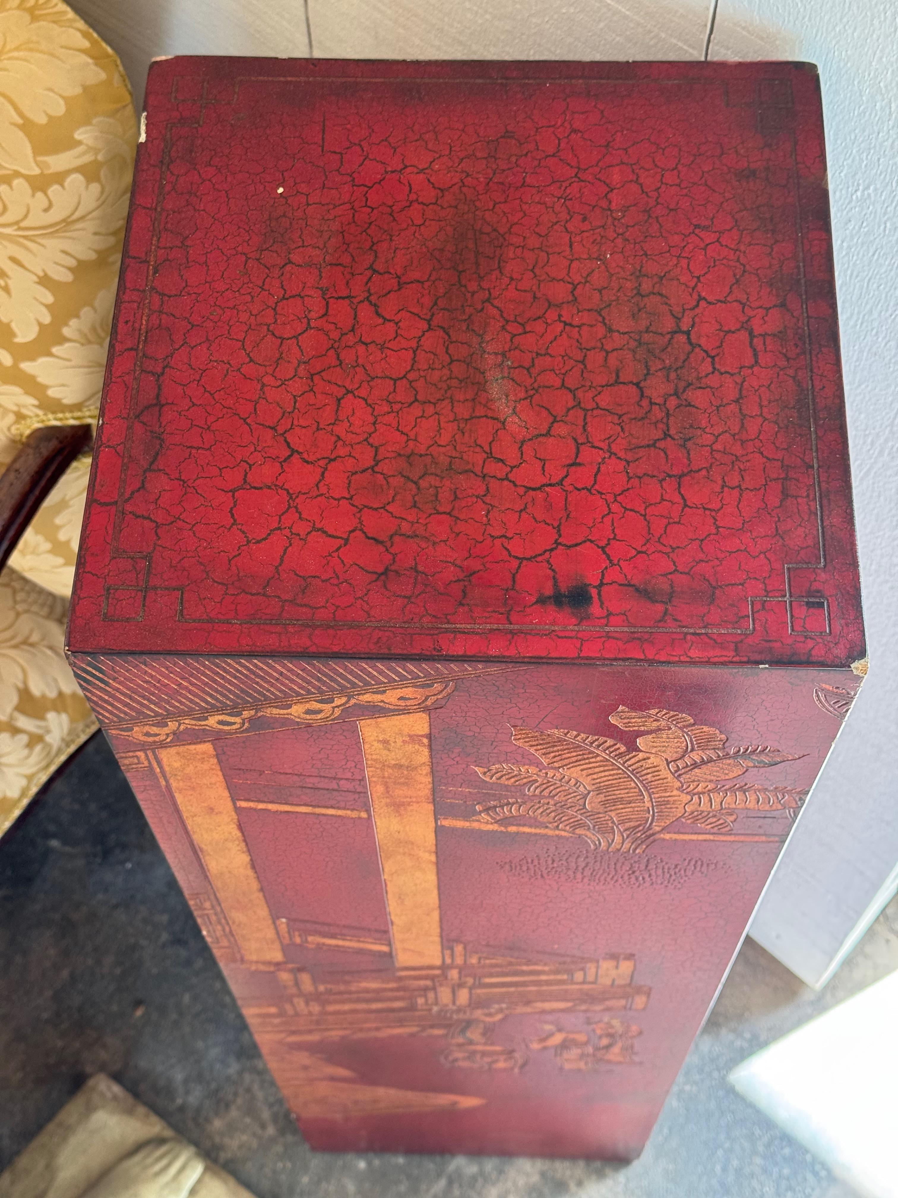 Early 20th Century Chinoiserie Painted Pedestal With Red Lacquer Finish For Sale