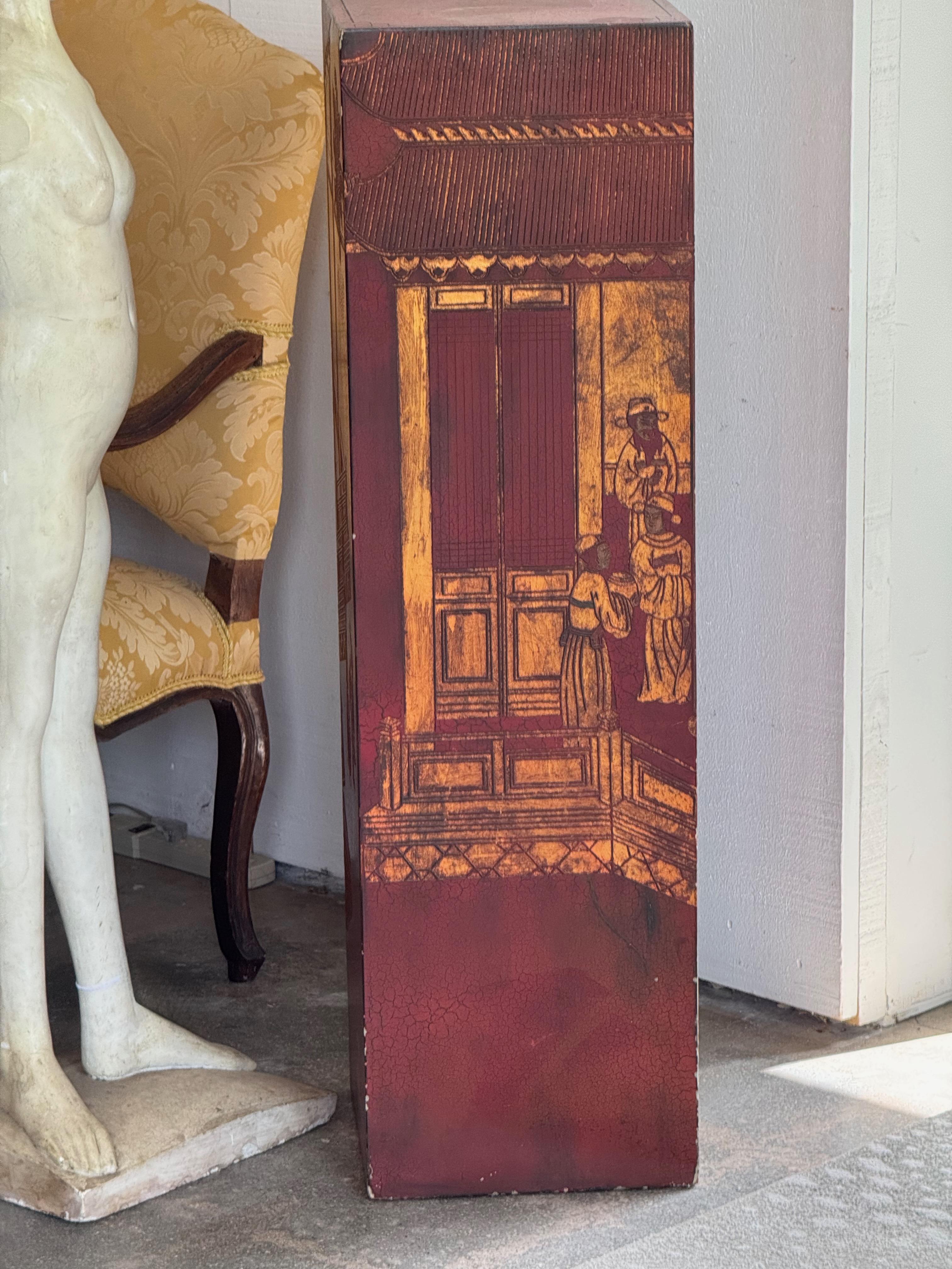 Wood Chinoiserie Painted Pedestal With Red Lacquer Finish For Sale