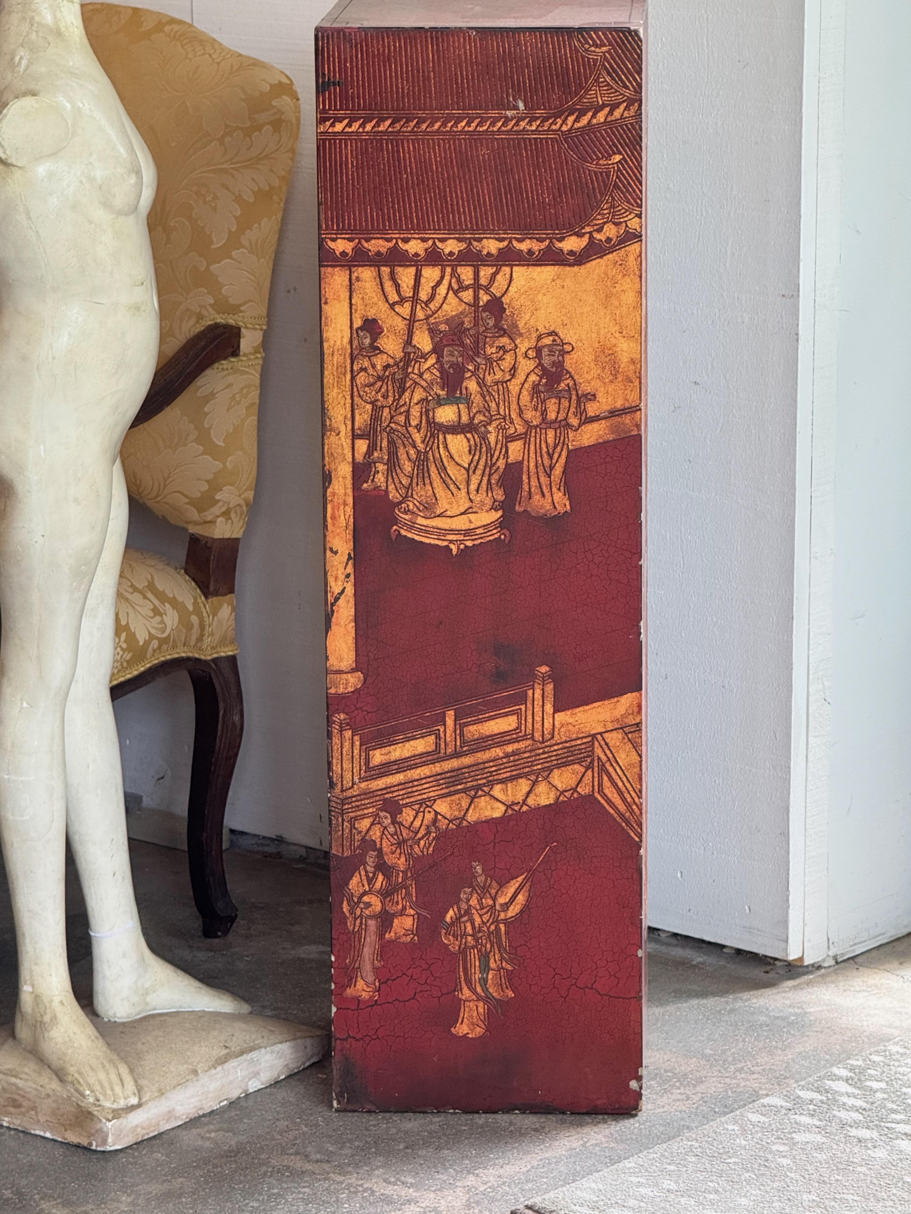 Chinoiserie Painted Pedestal With Red Lacquer Finish For Sale 2