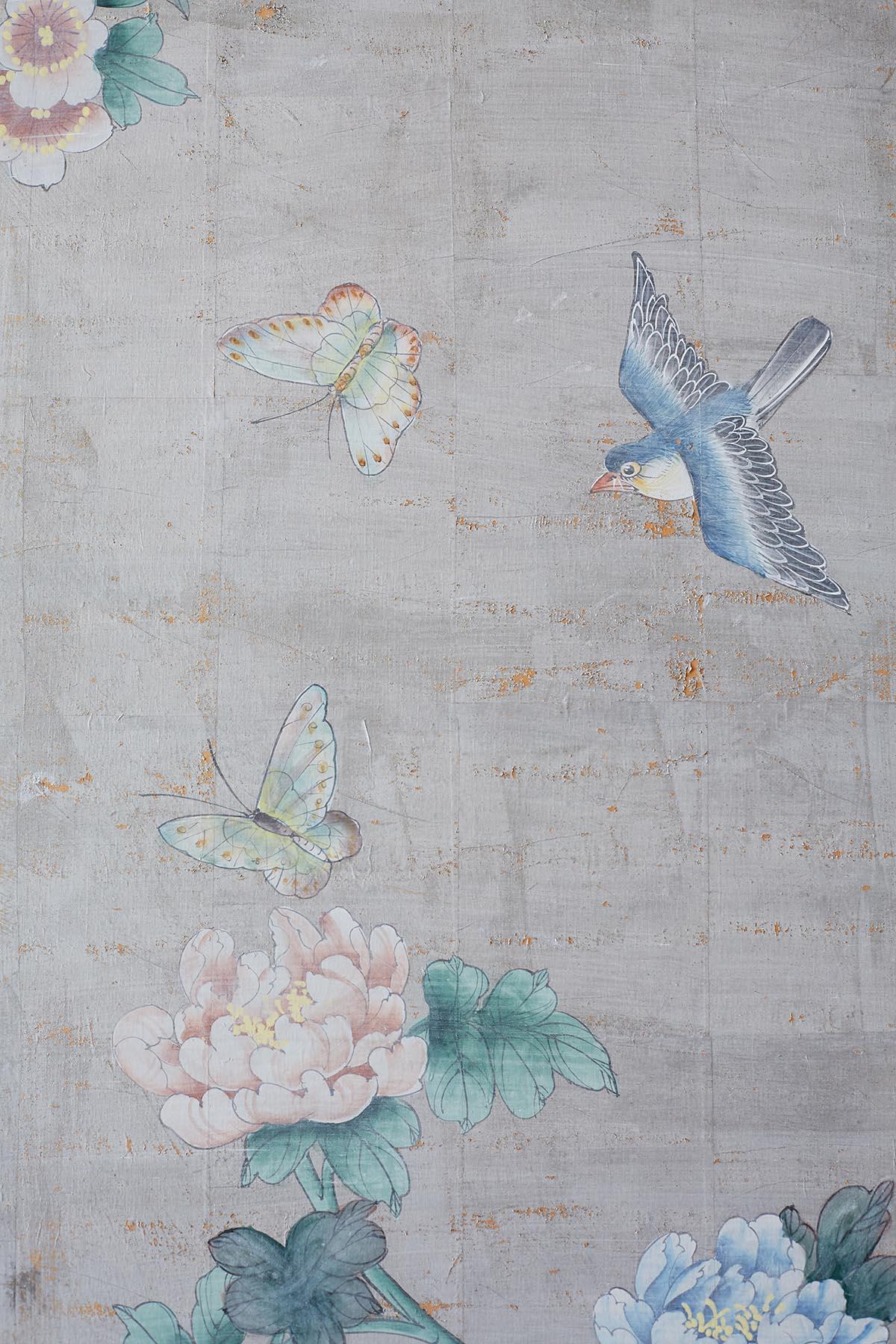 Chinoiserie Painted Silver Leaf Six-Panel Wallpaper Screen 4