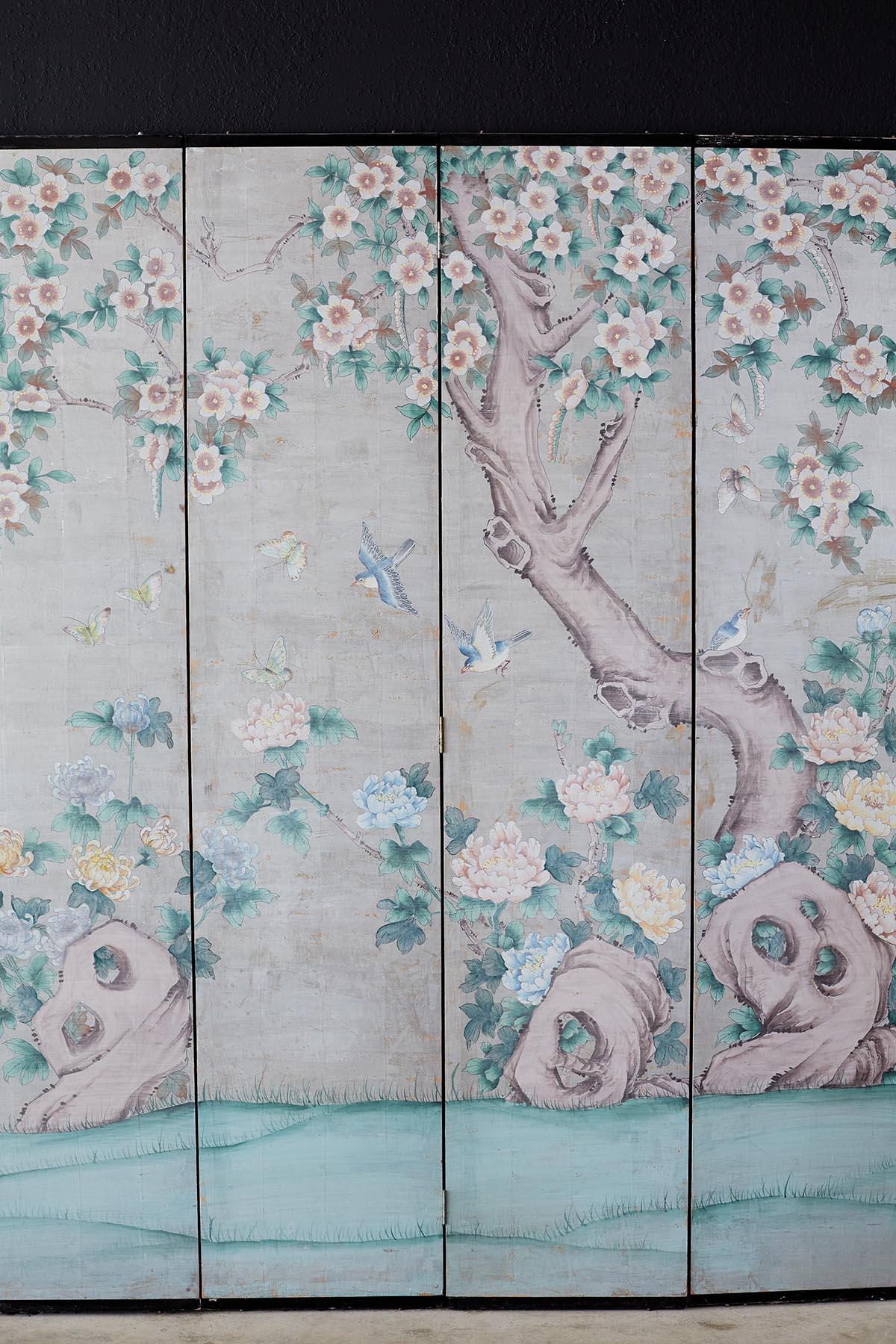 Chinoiserie Painted Silver Leaf Six-Panel Wallpaper Screen (Ebonisiert)