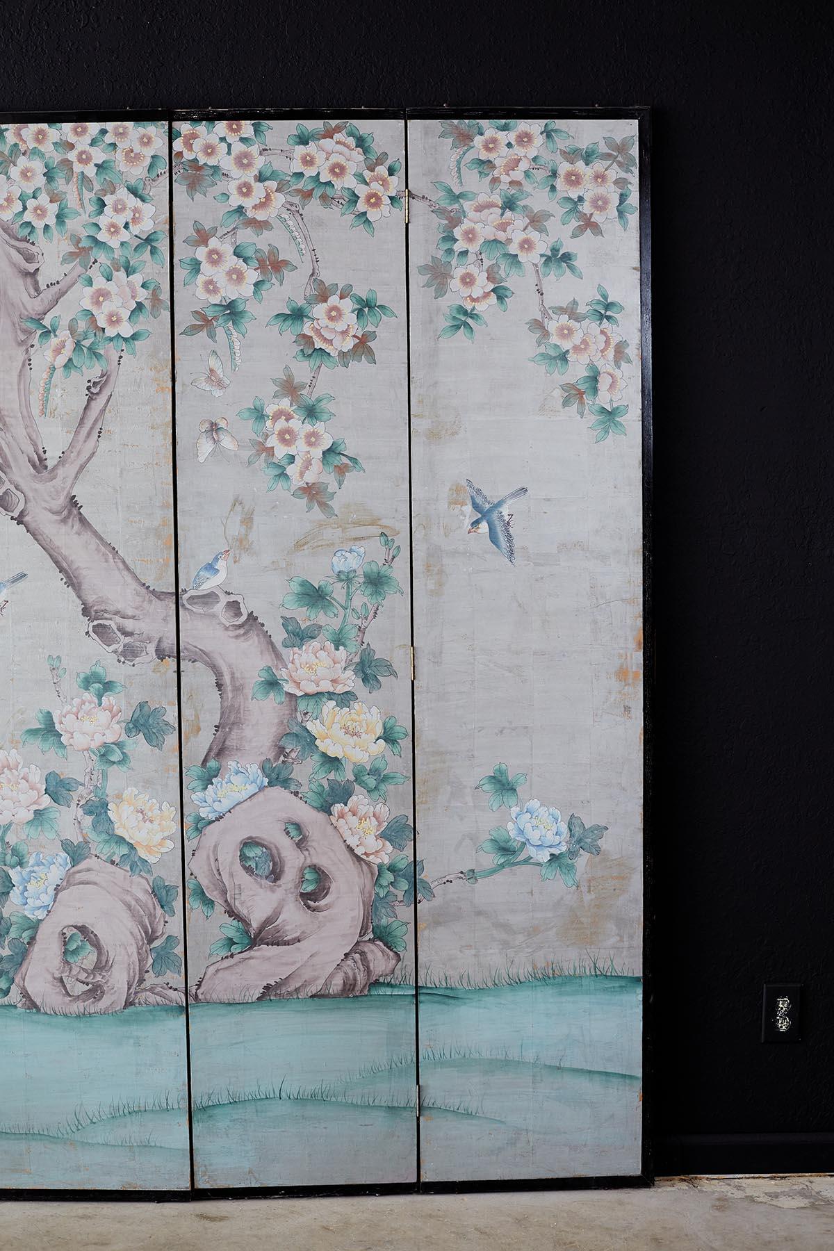 Chinoiserie Painted Silver Leaf Six-Panel Wallpaper Screen In Good Condition In Rio Vista, CA