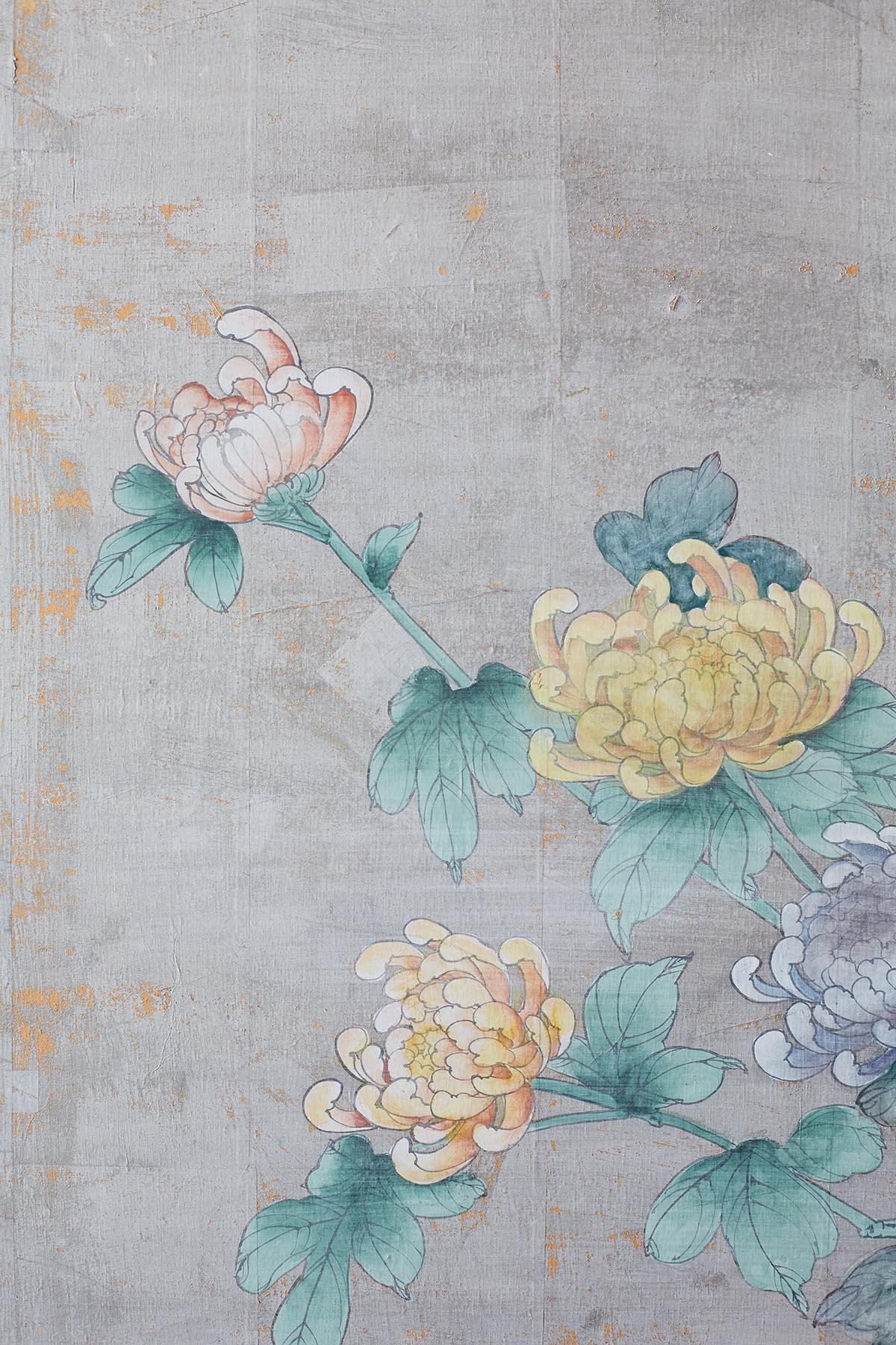 Chinoiserie Painted Silver Leaf Six-Panel Wallpaper Screen (20. Jahrhundert)