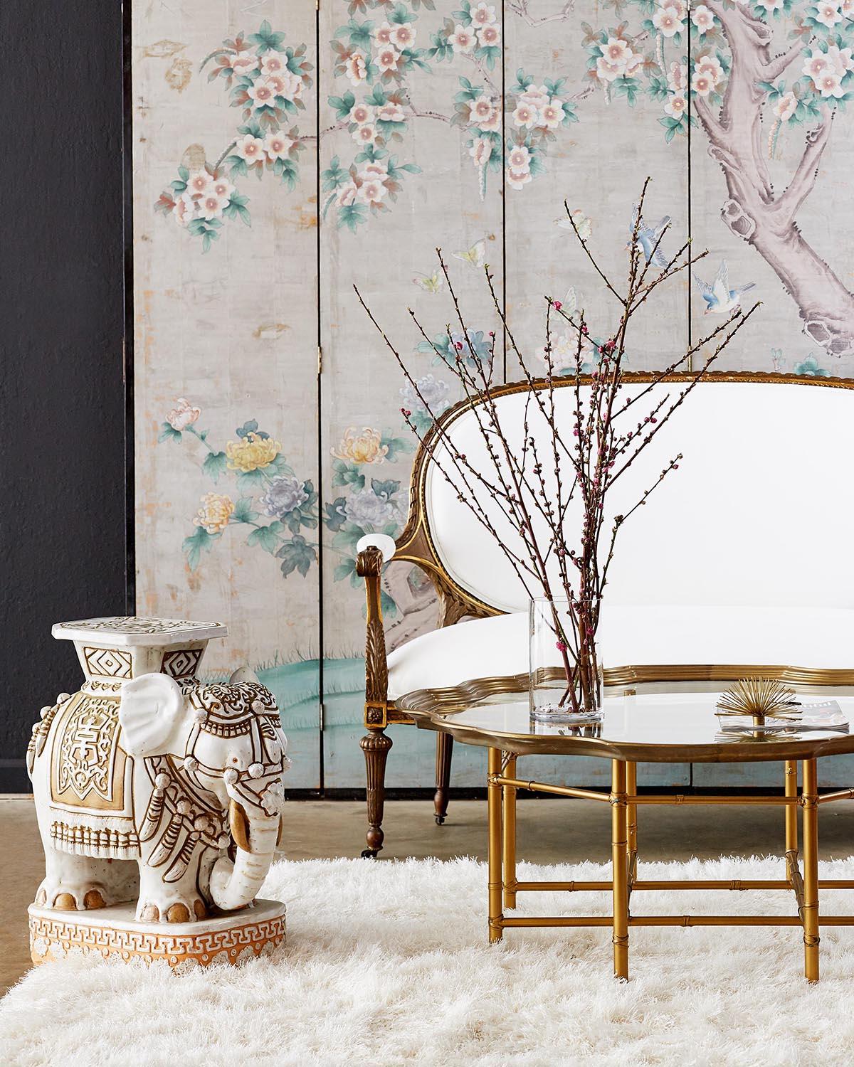 Brass Chinoiserie Painted Silver Leaf Six-Panel Wallpaper Screen