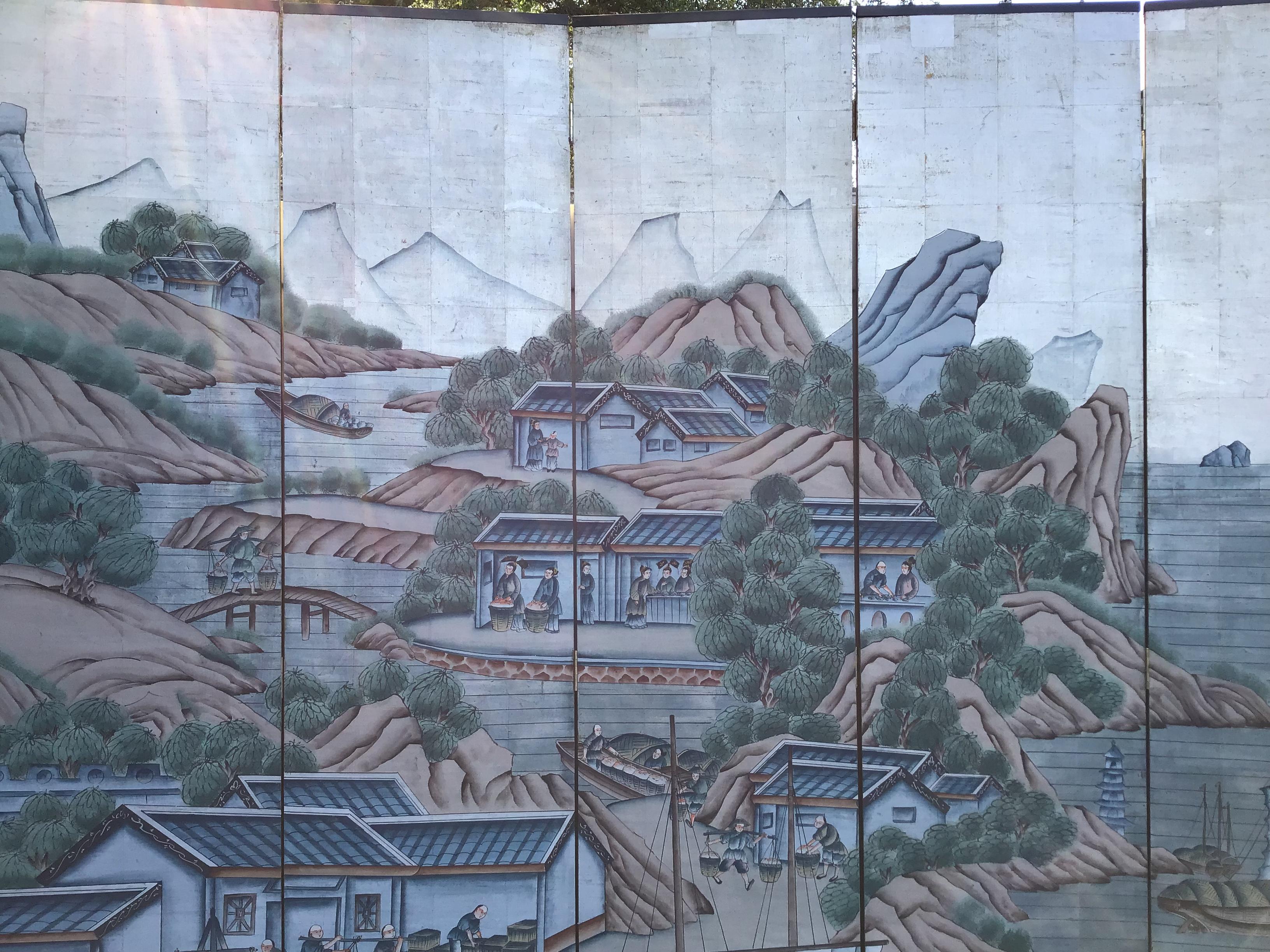 Chinoiserie Painted Six Panel Wallpaper Screen In Good Condition In Bradenton, FL