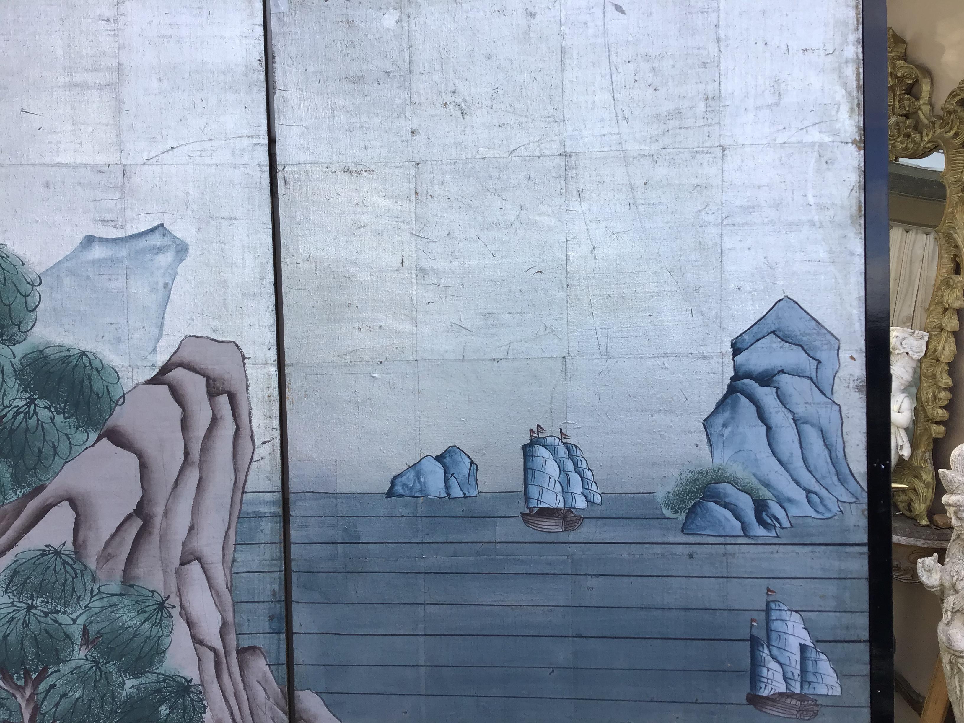 20th Century Chinoiserie Painted Six Panel Wallpaper Screen