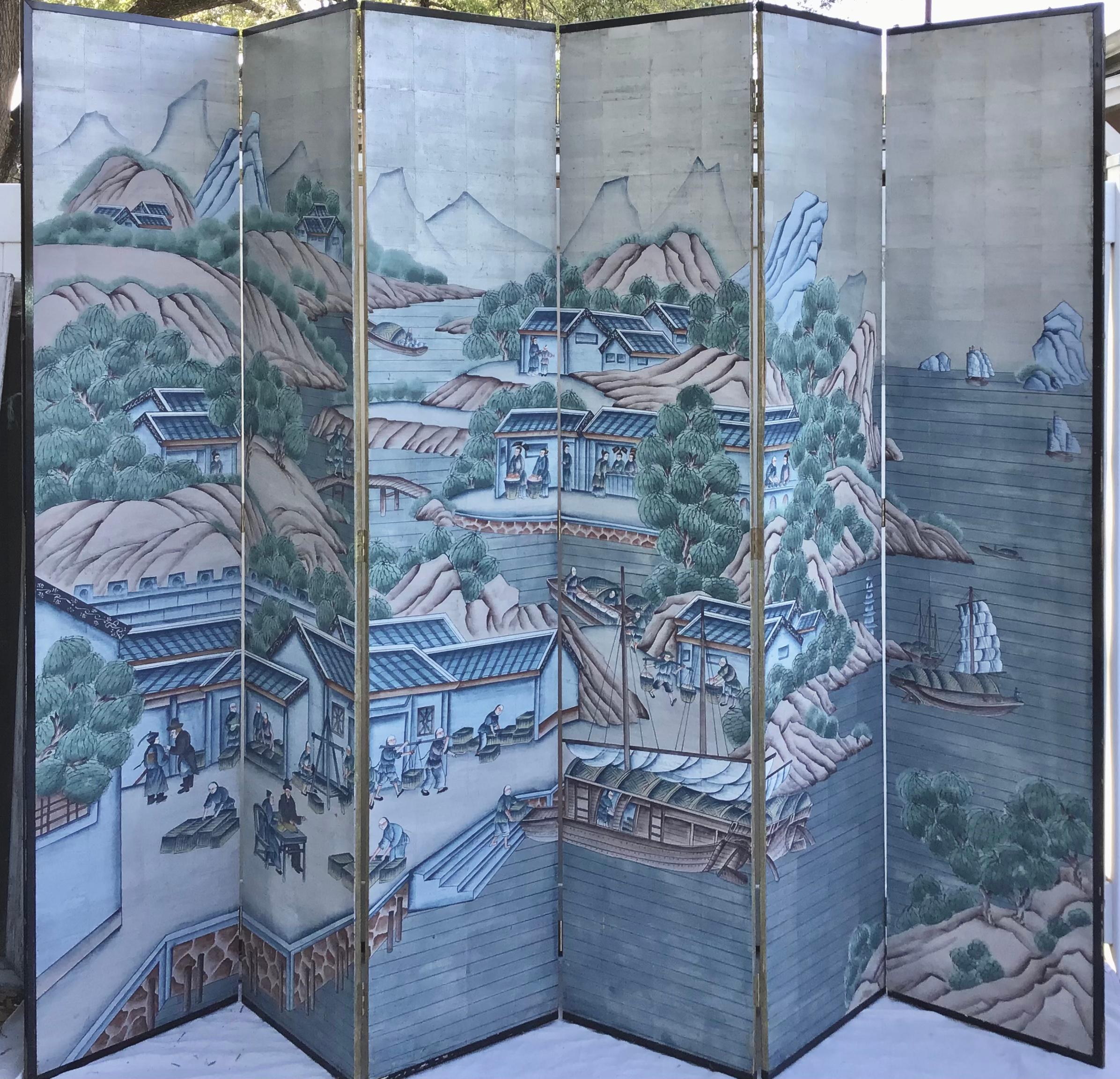 Paper Chinoiserie Painted Six Panel Wallpaper Screen