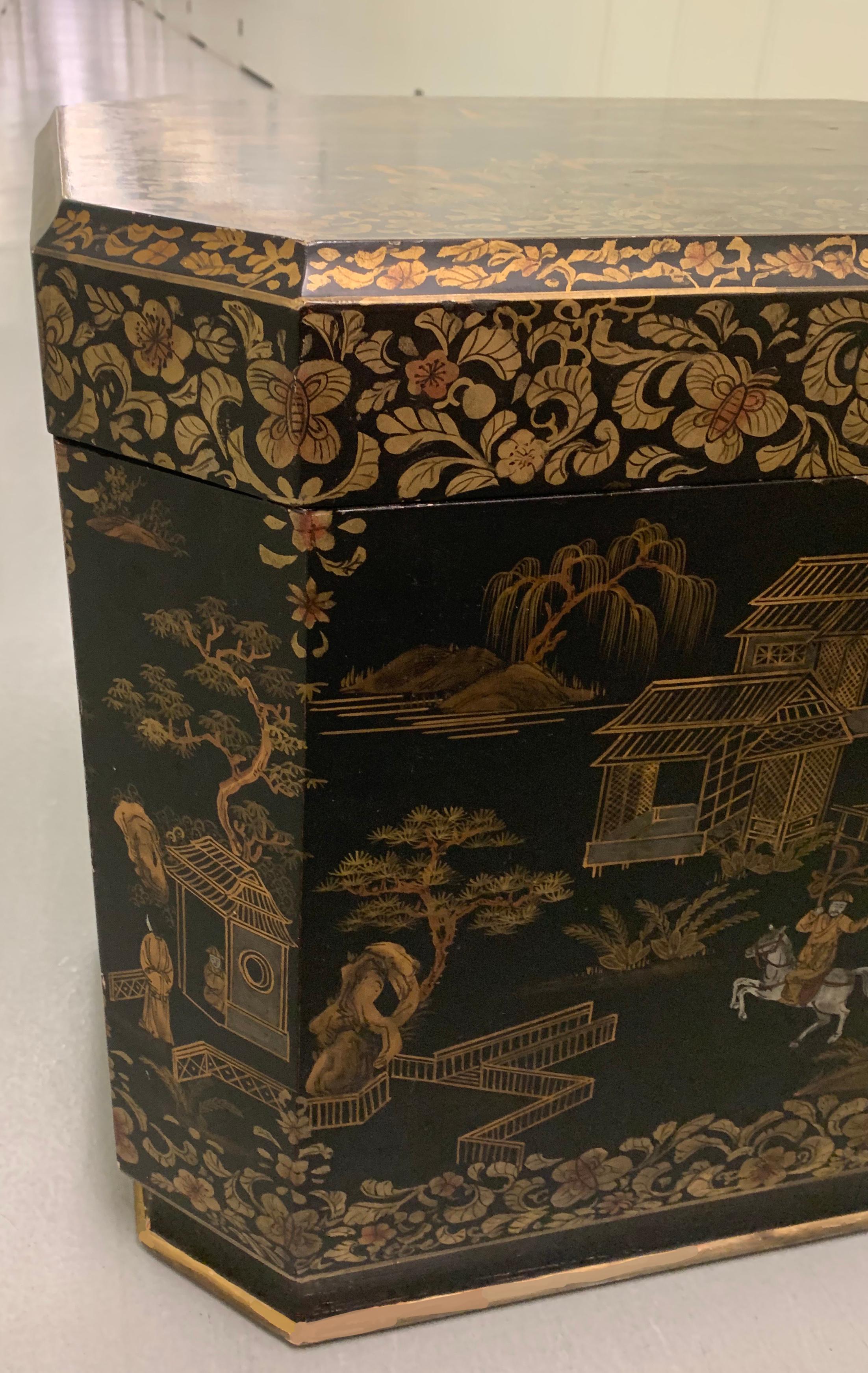 Hand-Painted Chinoiserie Painted Tea Bin Style Large Side Table  For Sale