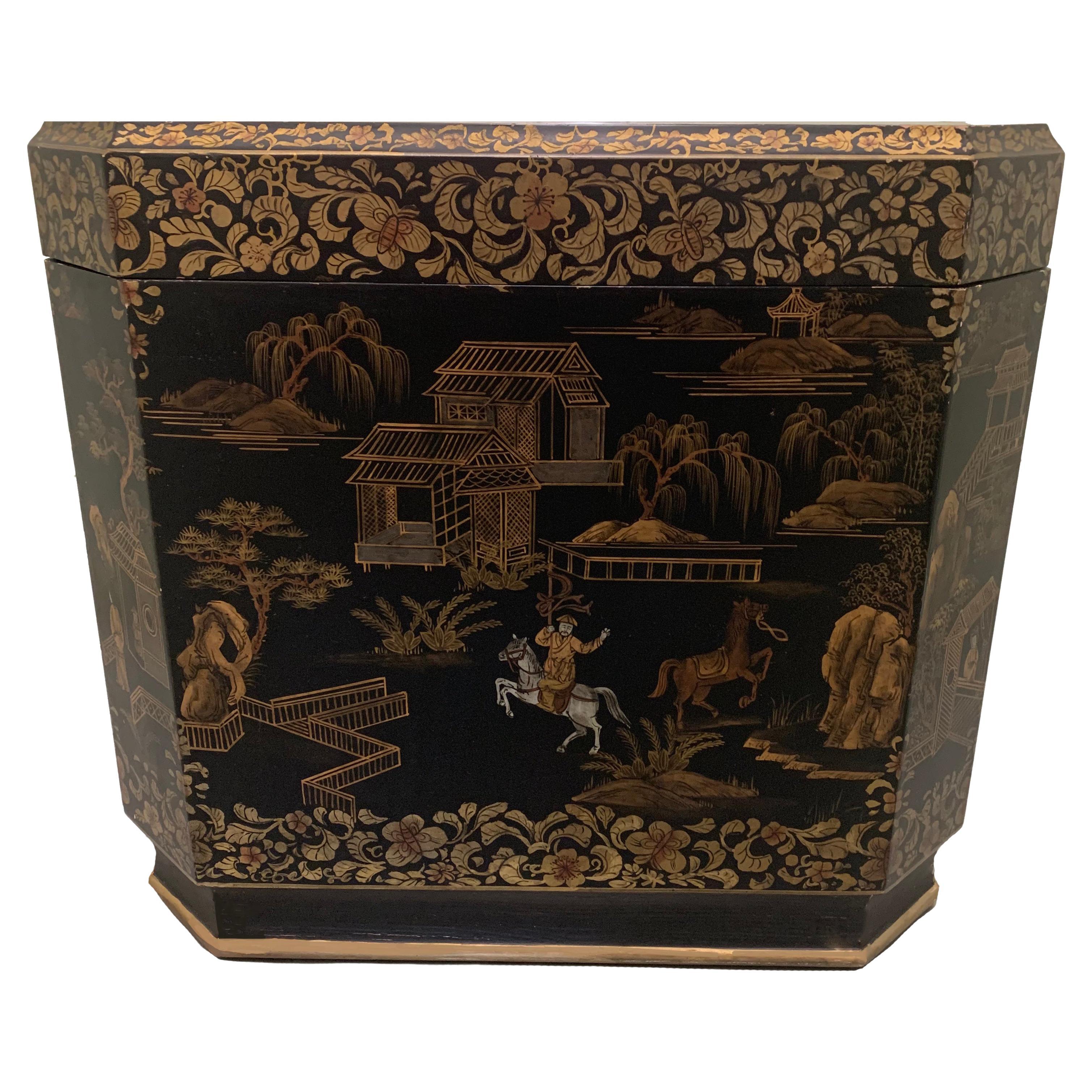 Chinoiserie Painted Tea Bin Style Large Side Table  For Sale