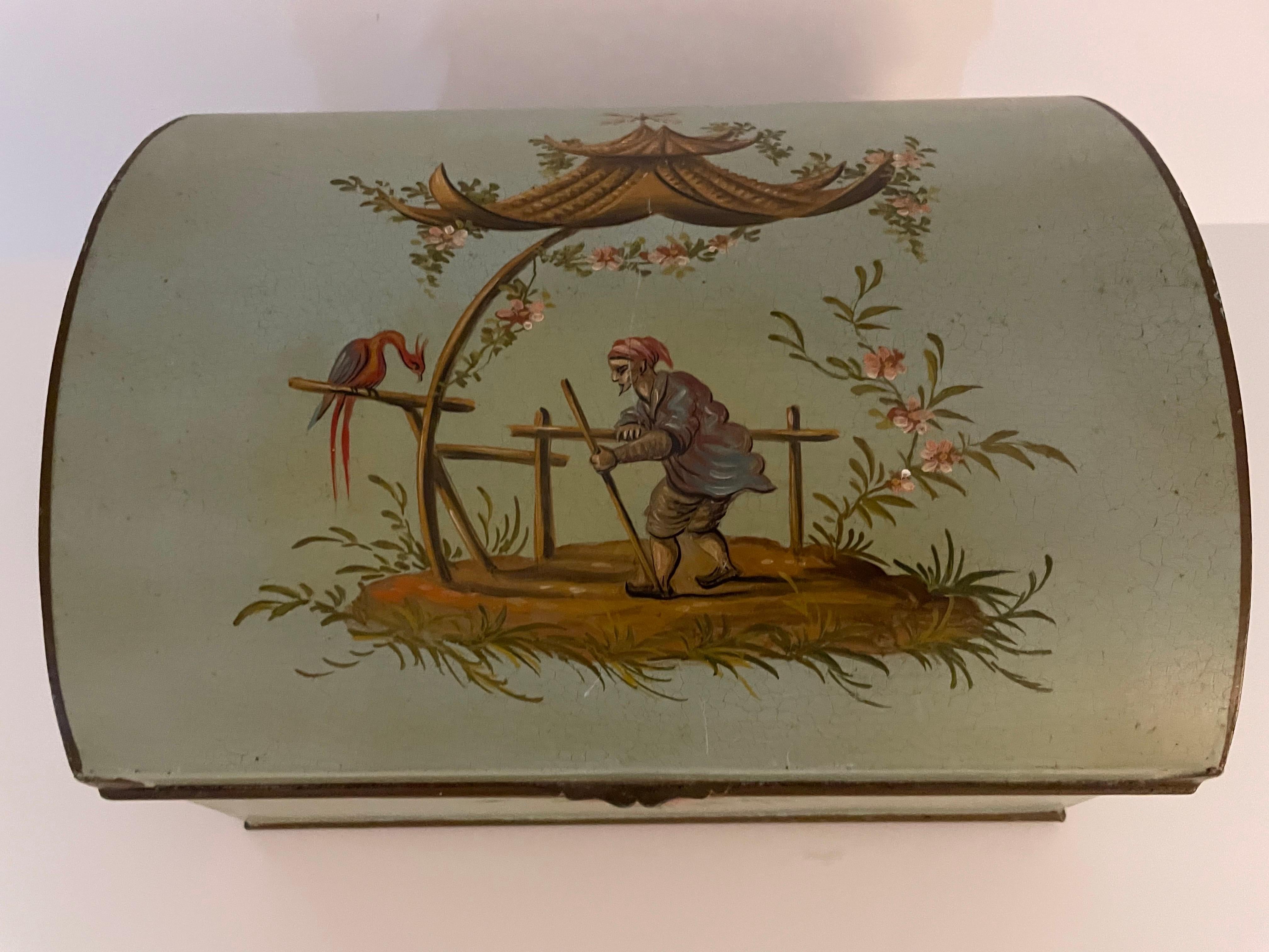 Italian Chinoiserie Pale Green Tole Box with Hinged Lid For Sale