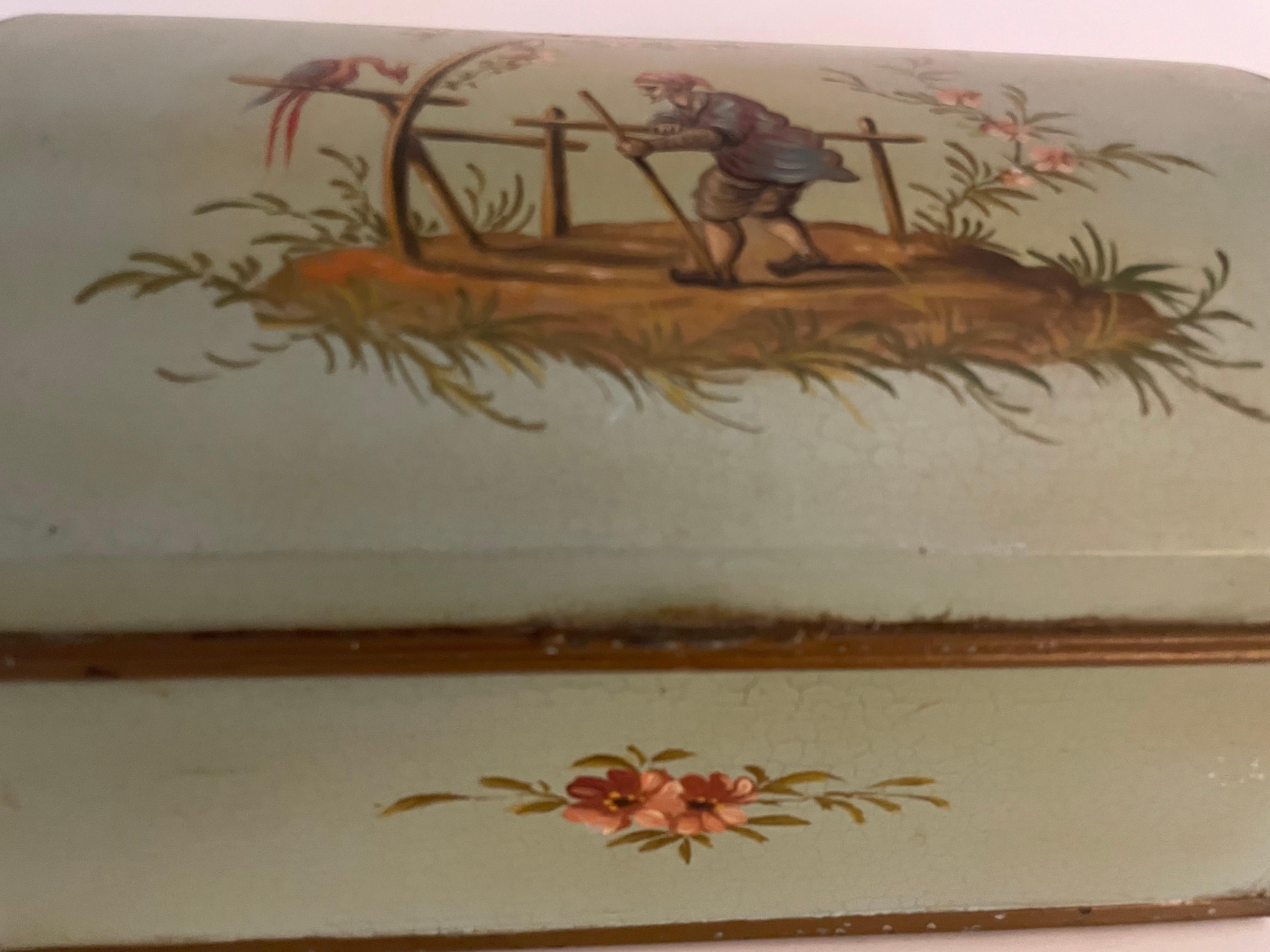 Chinoiserie Pale Green Tole Box with Hinged Lid In Good Condition For Sale In West Palm Beach, FL