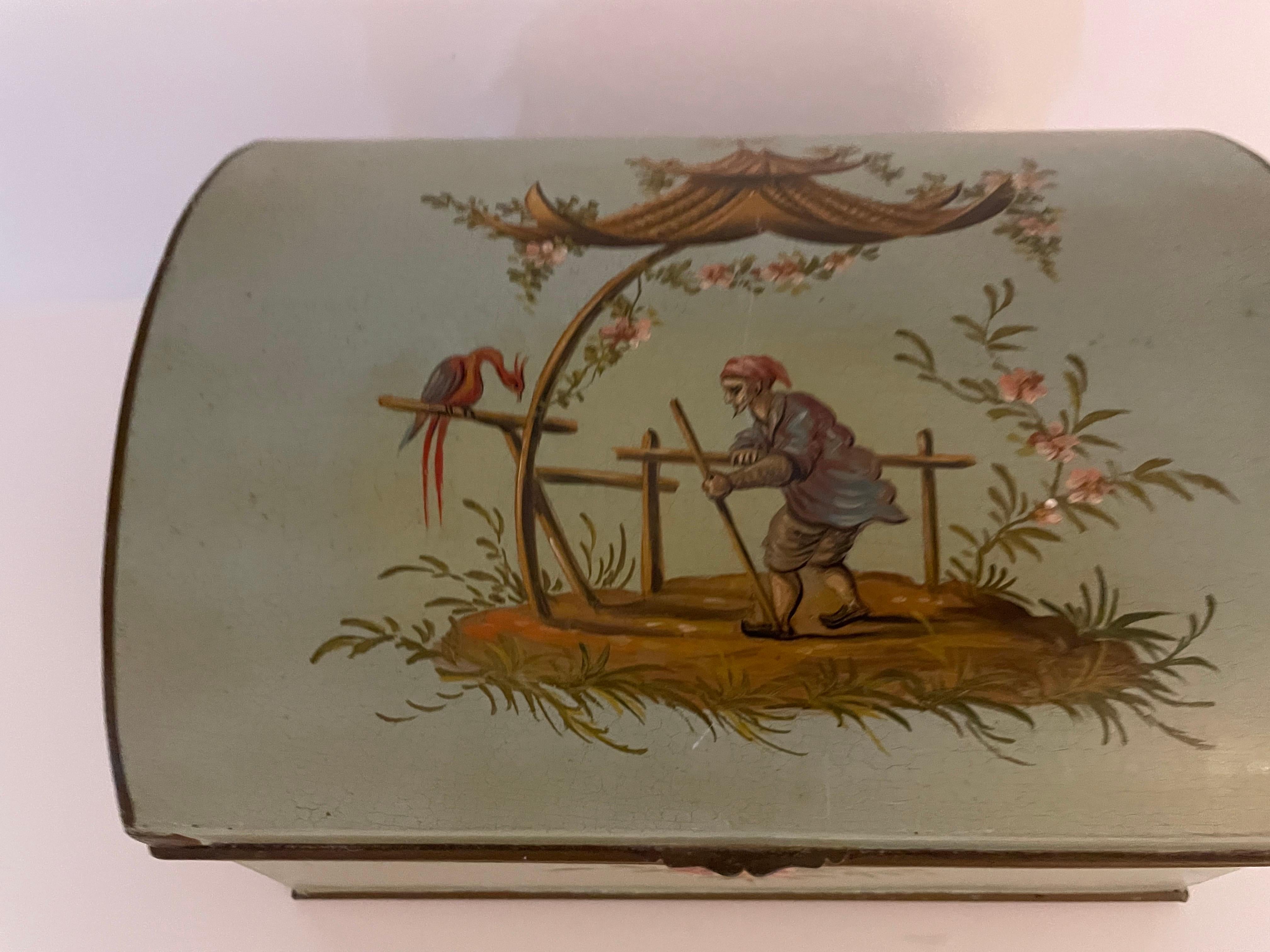 20th Century Chinoiserie Pale Green Tole Box with Hinged Lid For Sale