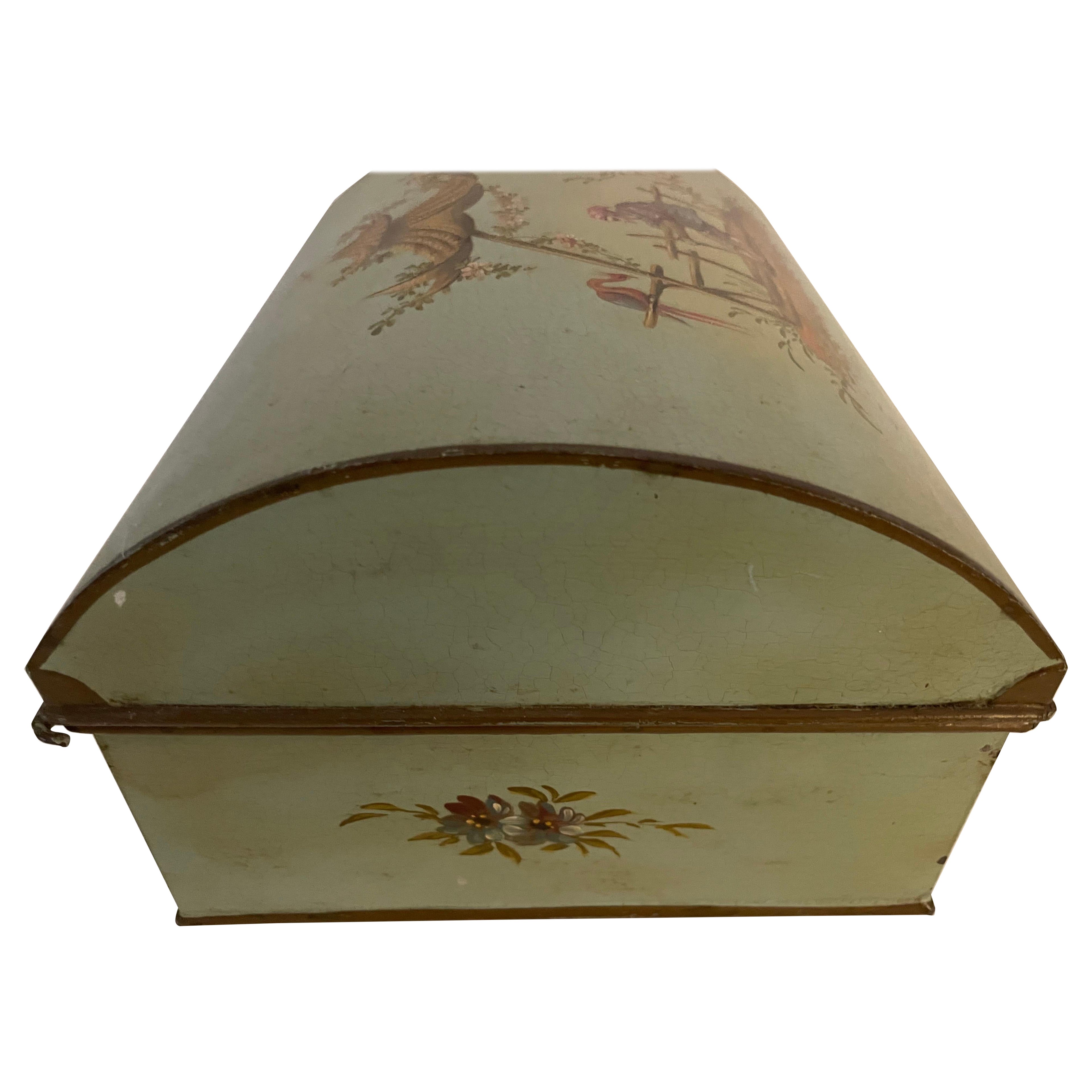 Chinoiserie Pale Green Tole Box with Hinged Lid For Sale
