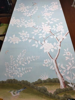 Chinoiserie Panel Hand Painted Wallpaper on Blue Tea Paper, Accept Custom Size