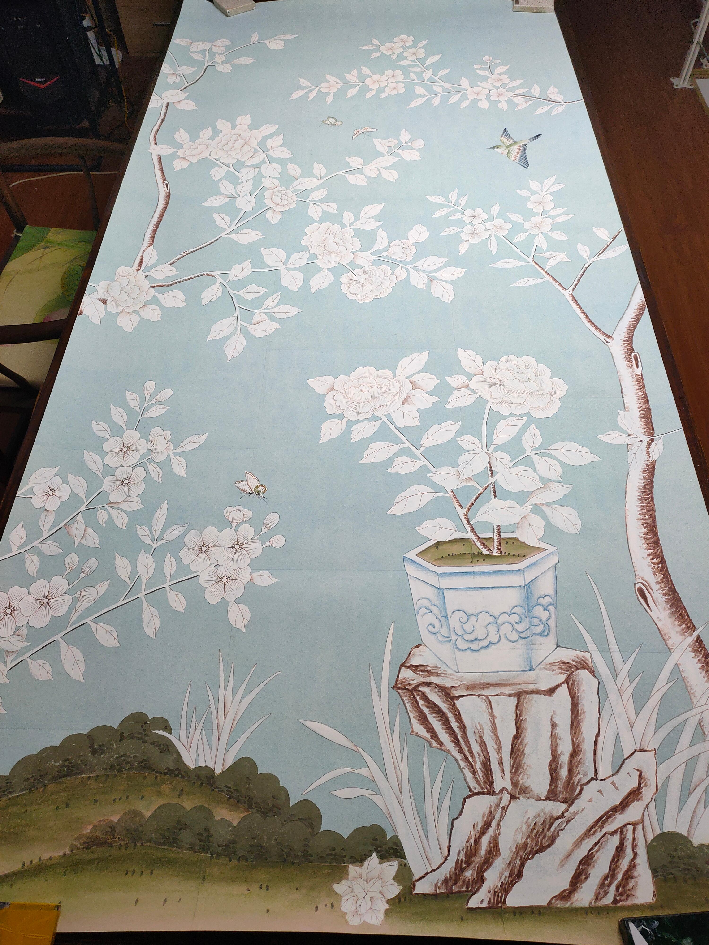 Handbemalte Chinoiserie-Tafel-Tafel-Tapete auf blauem Teepapier, maßgefertigte Größe akzeptiert (Chinesisch) im Angebot