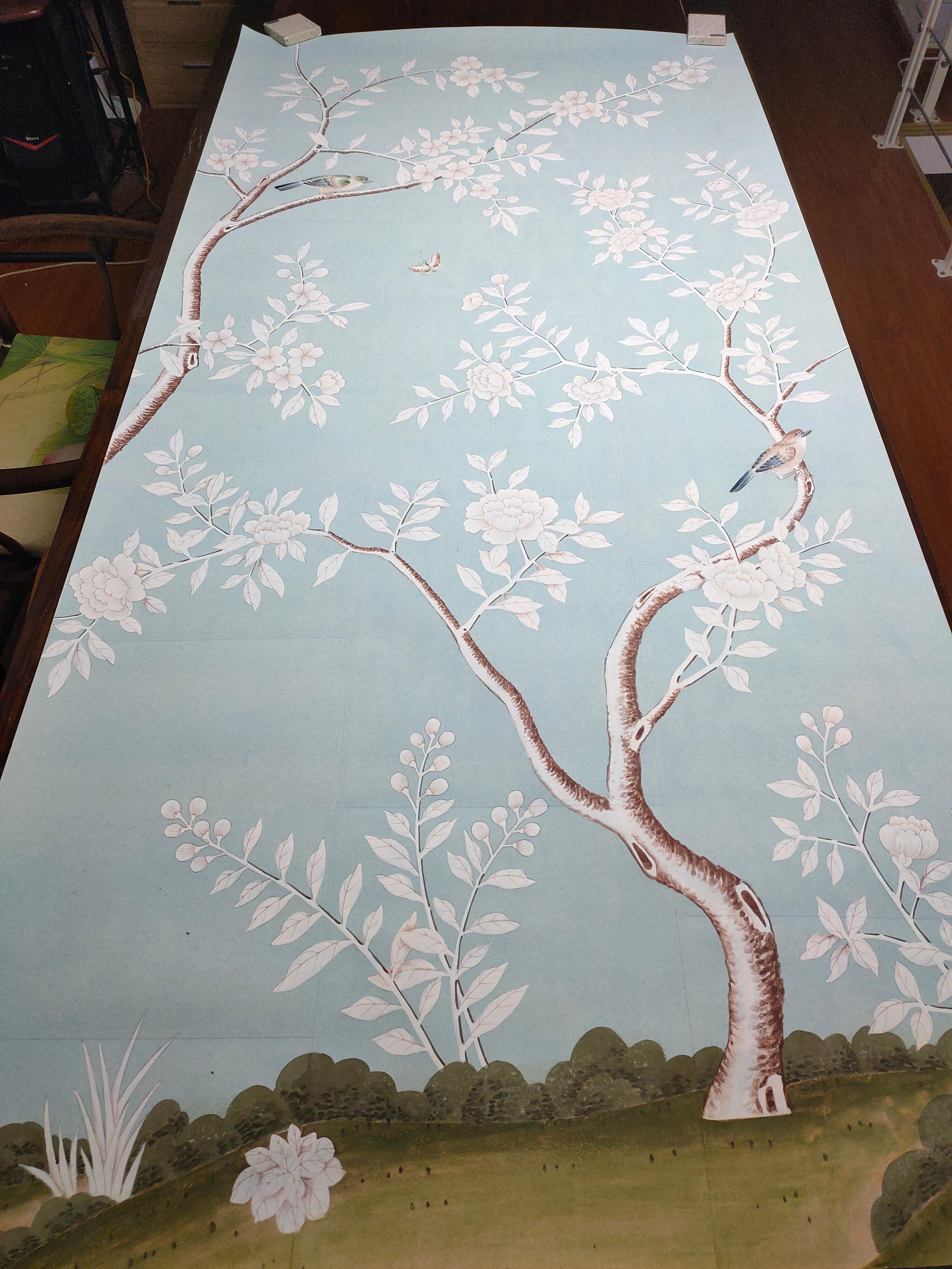 Handbemalte Chinoiserie-Tafel-Tafel-Tapete auf blauem Teepapier, maßgefertigte Größe akzeptiert im Zustand „Neu“ im Angebot in Wuxi, 32