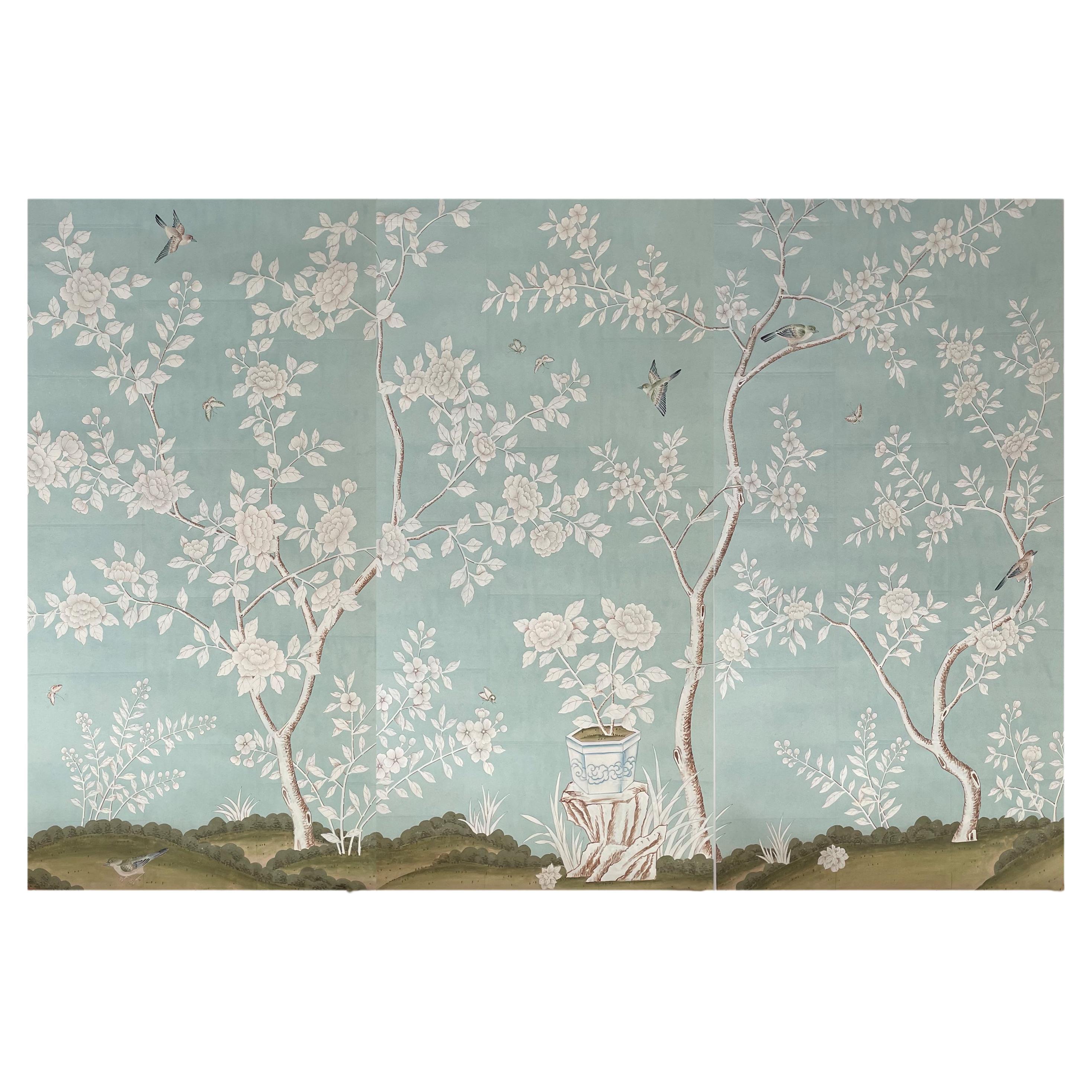 Chinoiserie Panel Hand Painted Wallpaper on Blue Tea Paper, Accept Custom Size