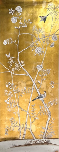 Chinoiserie Panel Hand Painted Wallpaper on Gold Metallic, Accept Custom Size