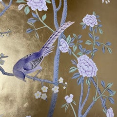 Chinoiserie Panel Hand Painted Wallpaper on Gold Metallic, Accept Custom Size