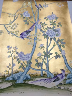 Chinoiserie Panel Hand Painted Wallpaper on Gold Metallic, Accept Custom Size