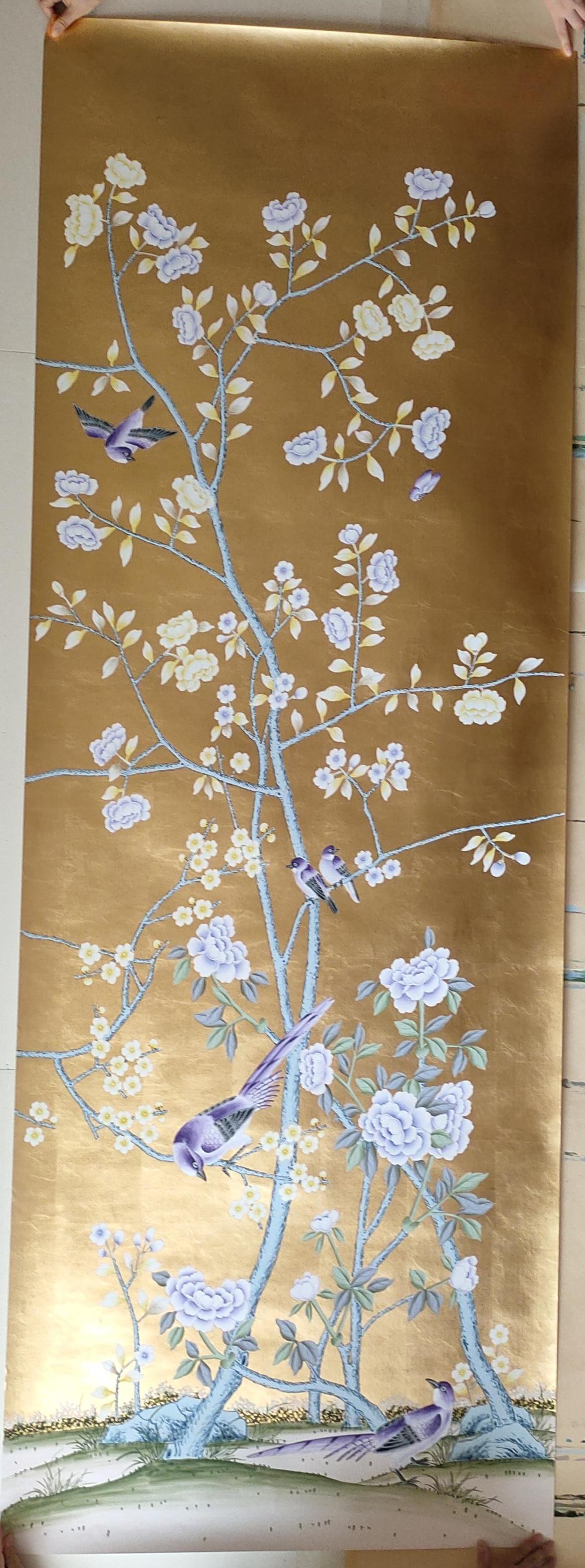 Handbemalte Chinoiserie-Tafel-Tafel-Tafel-Tafelteppich auf Goldmetallic, accept Custom Size im Zustand „Neu“ im Angebot in Wuxi, 32