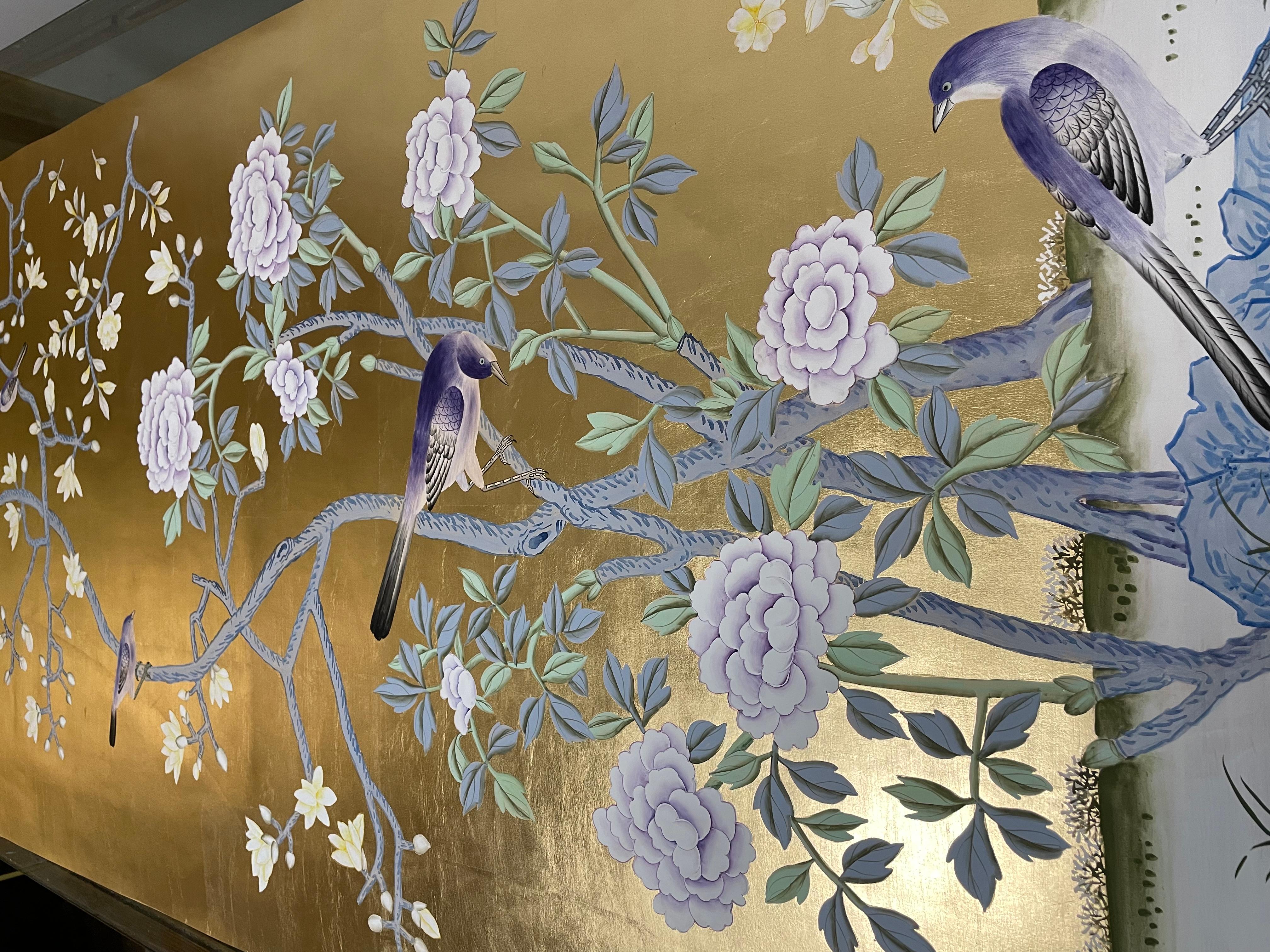 Chinese Chinoiserie Panel Hand Painted Wallpaper on Gold Metallic, Accept Custom Size For Sale