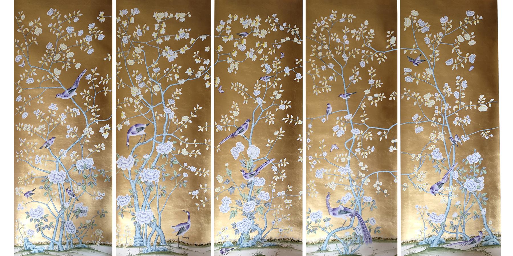 Chinese Chinoiserie Panel Hand Painted Wallpaper on Gold Metallic, Accept Custom Size For Sale