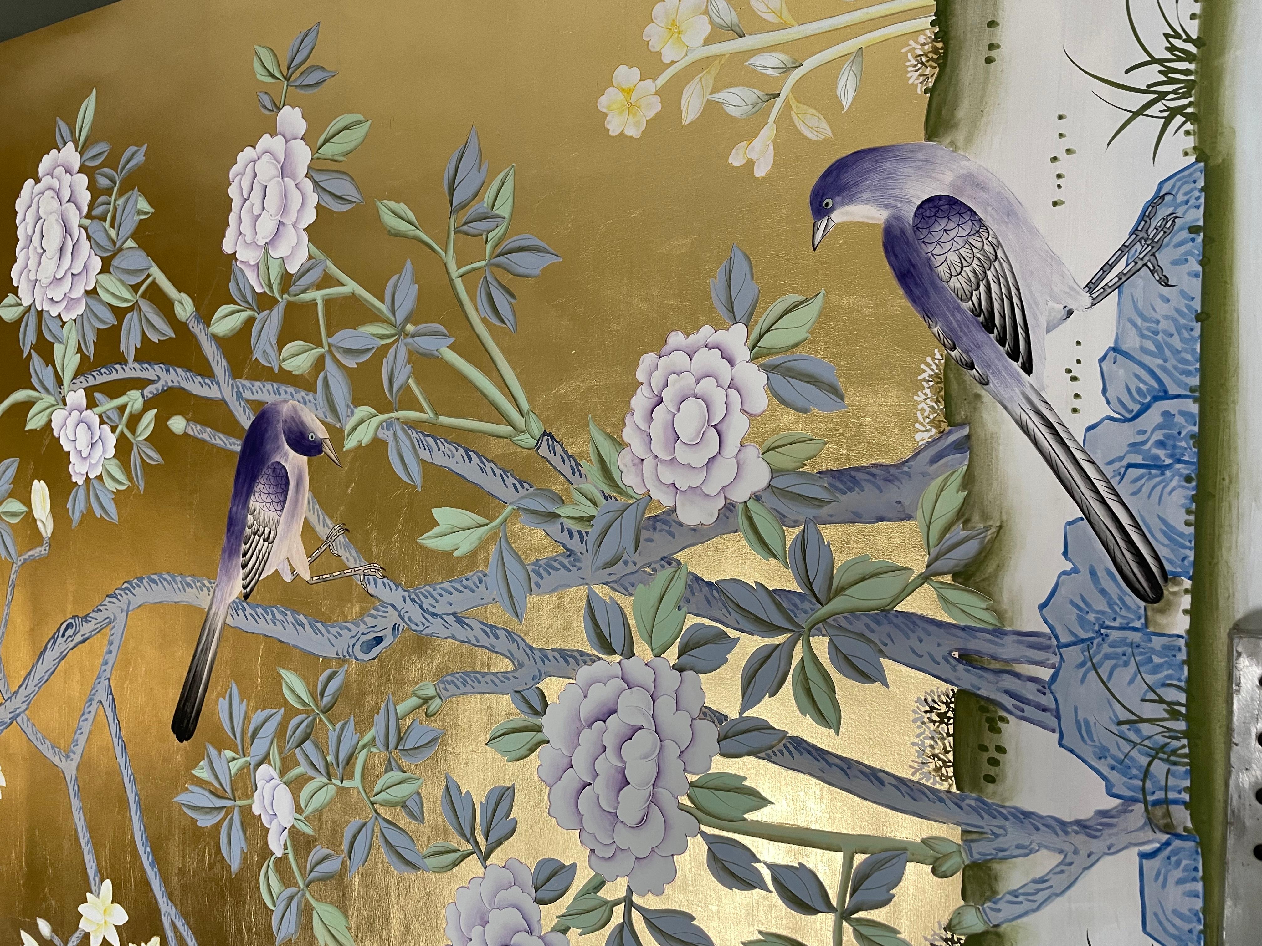 Hand-Painted Chinoiserie Panel Hand Painted Wallpaper on Gold Metallic, Accept Custom Size For Sale