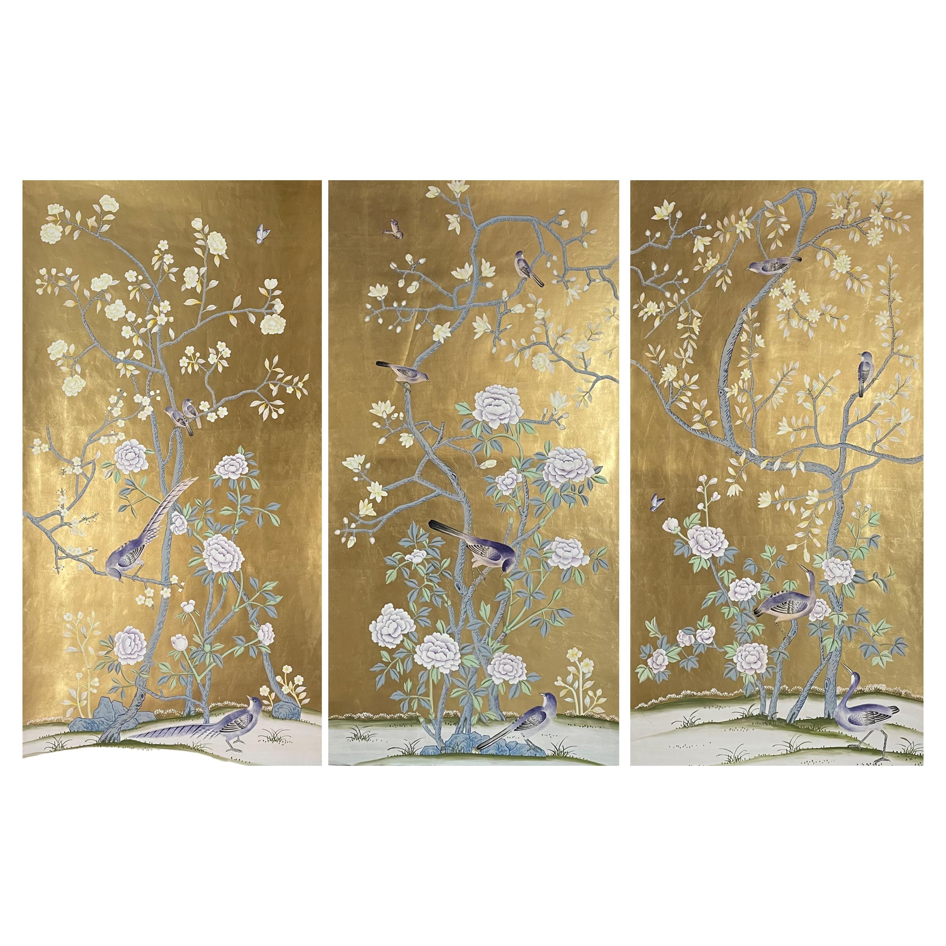 Chinoiserie Panel Hand Painted Wallpaper on Gold Metallic, Accept Custom Size For Sale