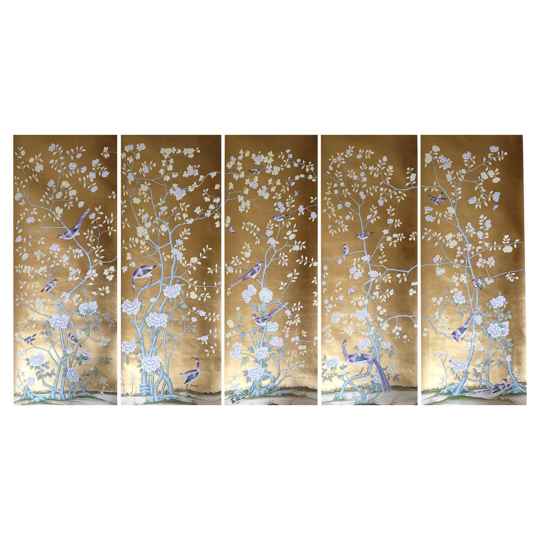 Chinoiserie Panel Hand Painted Wallpaper on Gold Metallic, Accept Custom Size For Sale