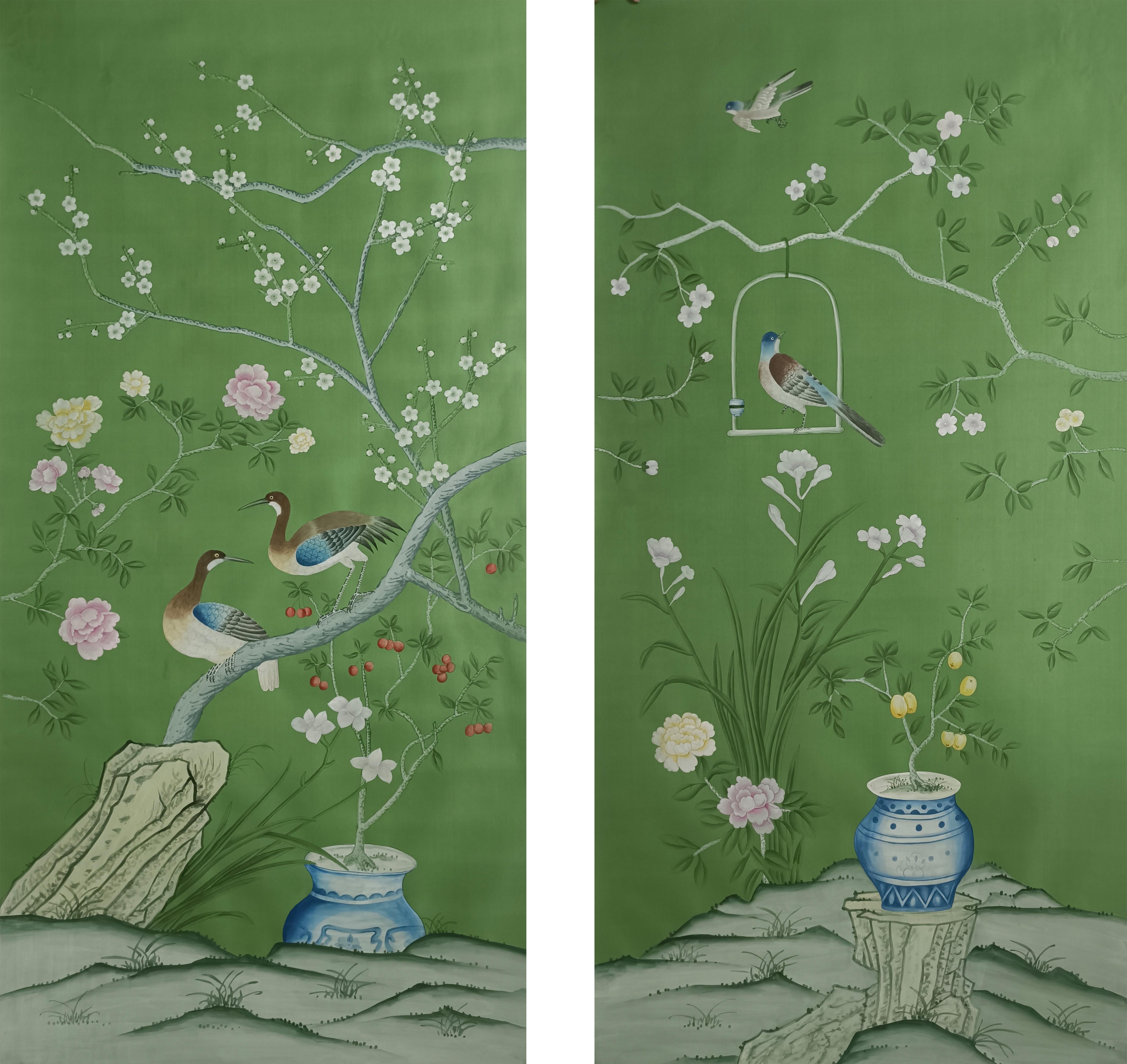 Chinoiserie-Tafel, handbemalte Tafel auf grüner Seide, 30x60-2 Tafeln (Chinesisch) im Angebot