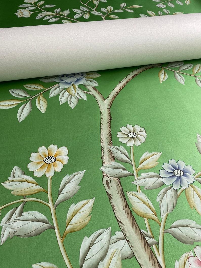 Chinese Chinoiserie Panel Hand Painted Wallpaper on Green silk, Accept Custom Size For Sale