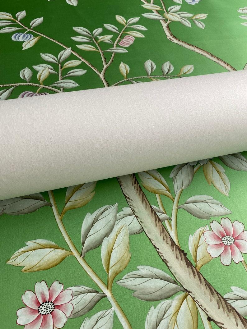 Hand-Painted Chinoiserie Panel Hand Painted Wallpaper on Green silk, Accept Custom Size For Sale