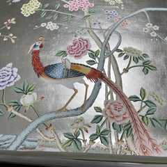 Chinoiserie Panel Hand Painted Wallpaper on Silver Metallic, Accept Custom Size