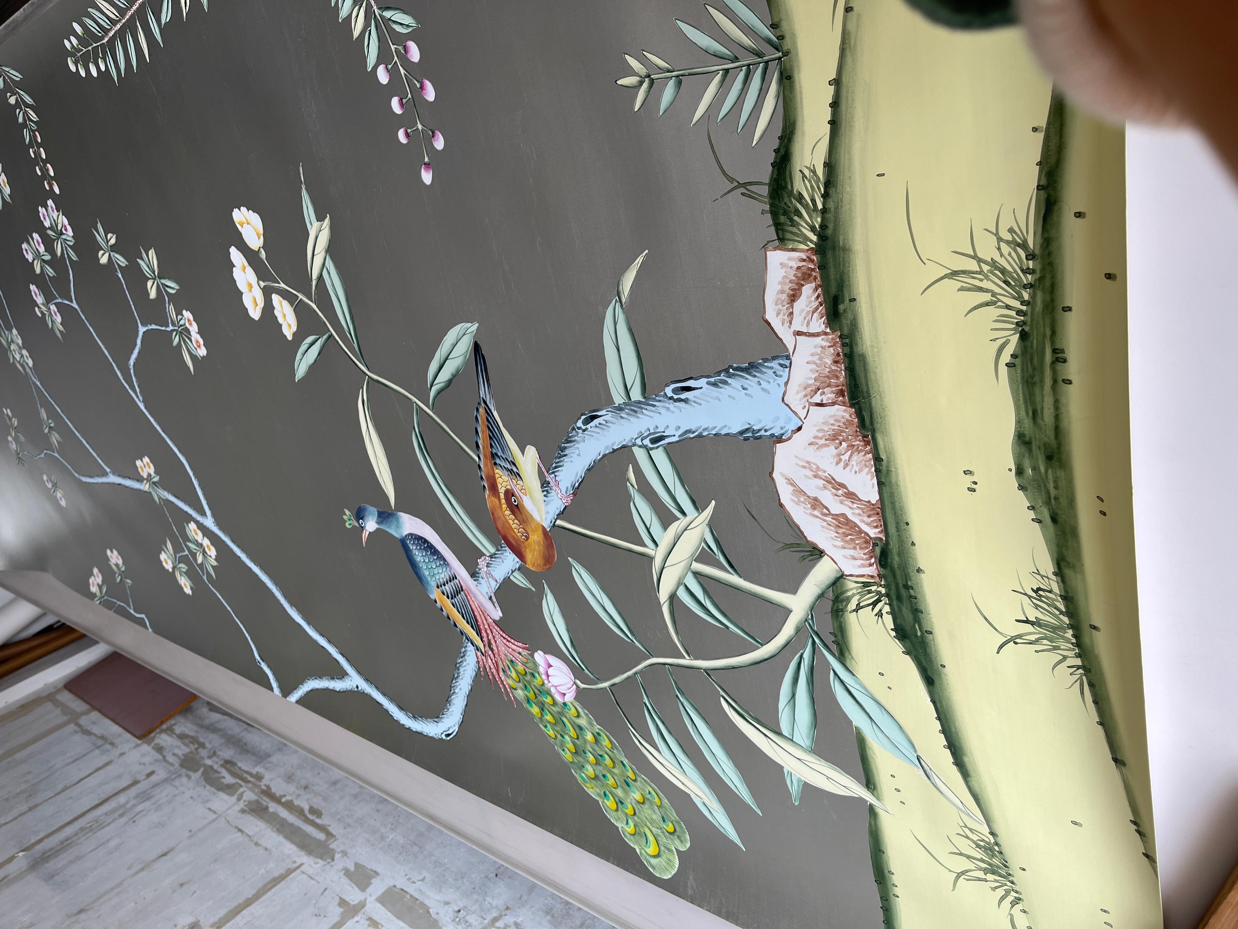 chinoiserie wallpaper hand painted artworks on silver