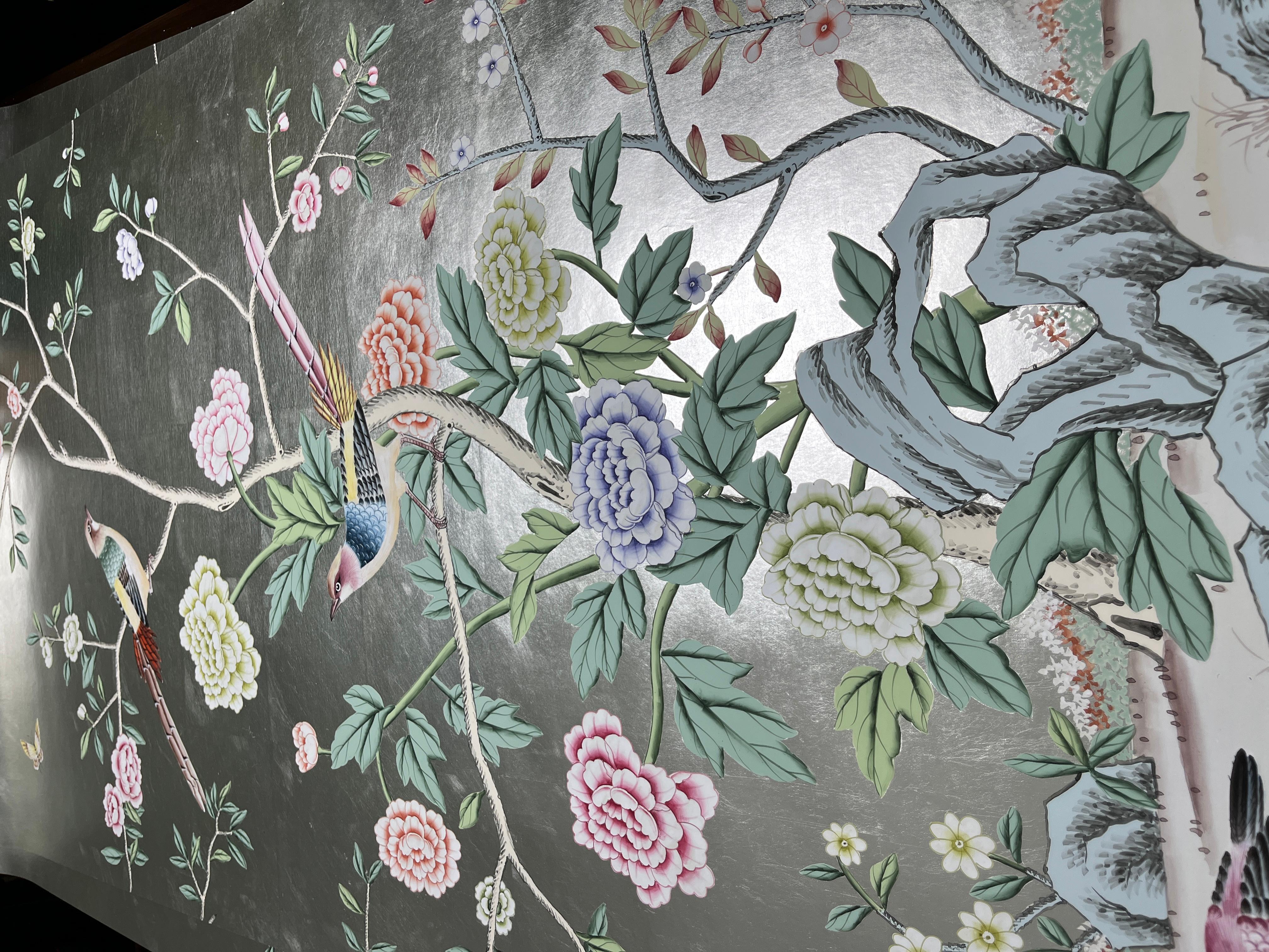 chinoiserie wallpaper hand painted artworks on silver
