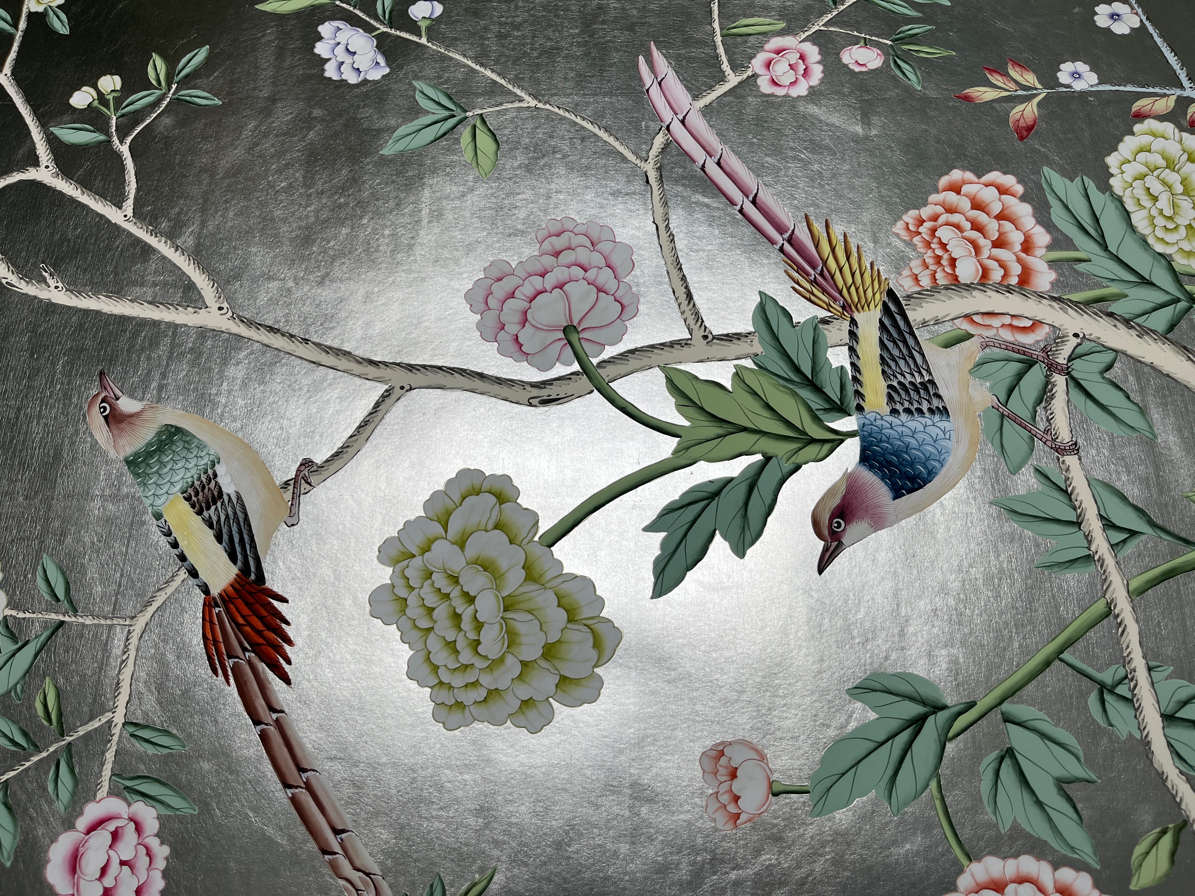 Chinese Chinoiserie Panel Hand Painted Wallpaper on Silver Metallic, Accept Custom Size For Sale