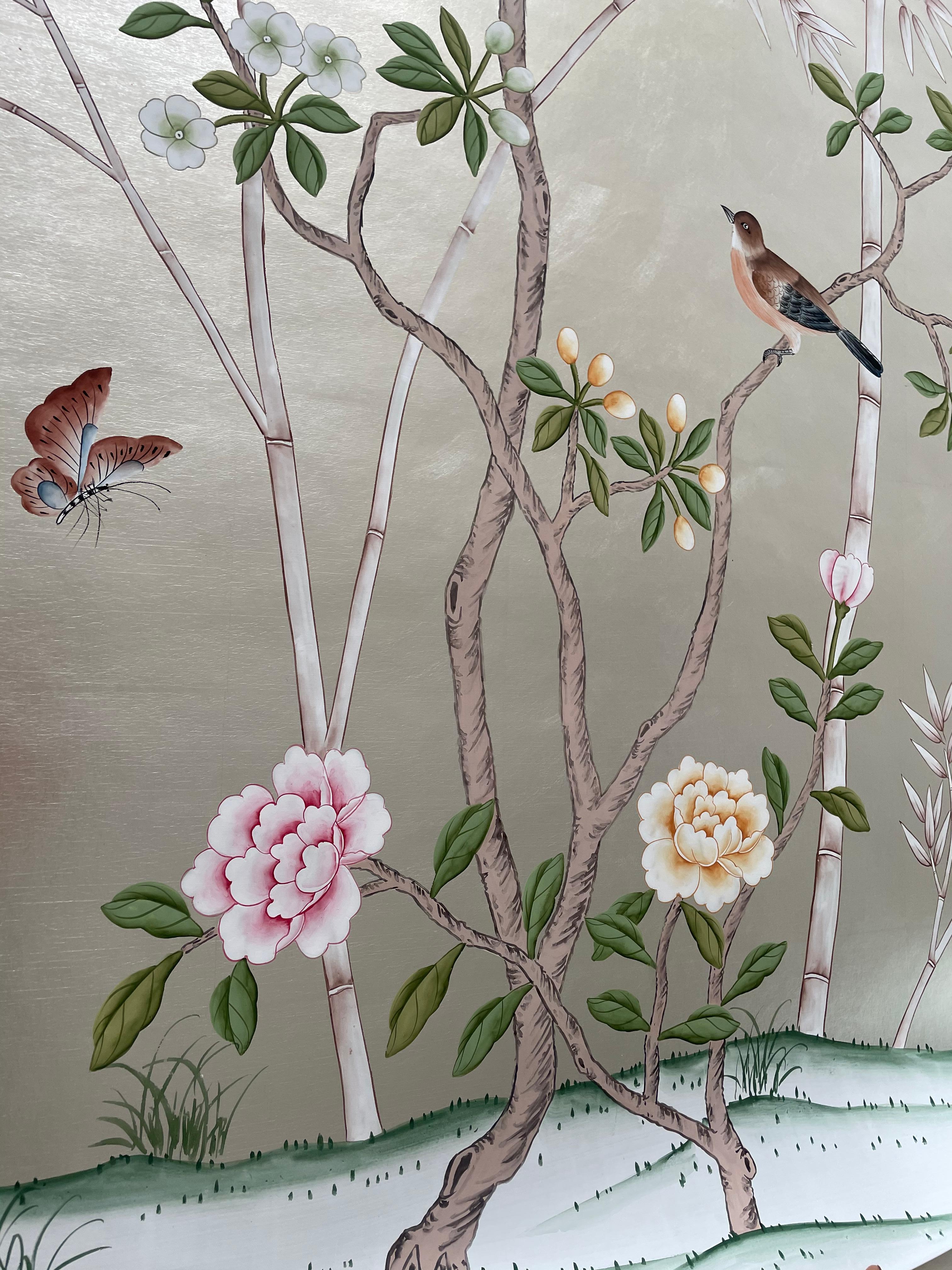 Chinese Chinoiserie Panel Hand Painted Wallpaper on Silver Metallic, Accept Custom Size