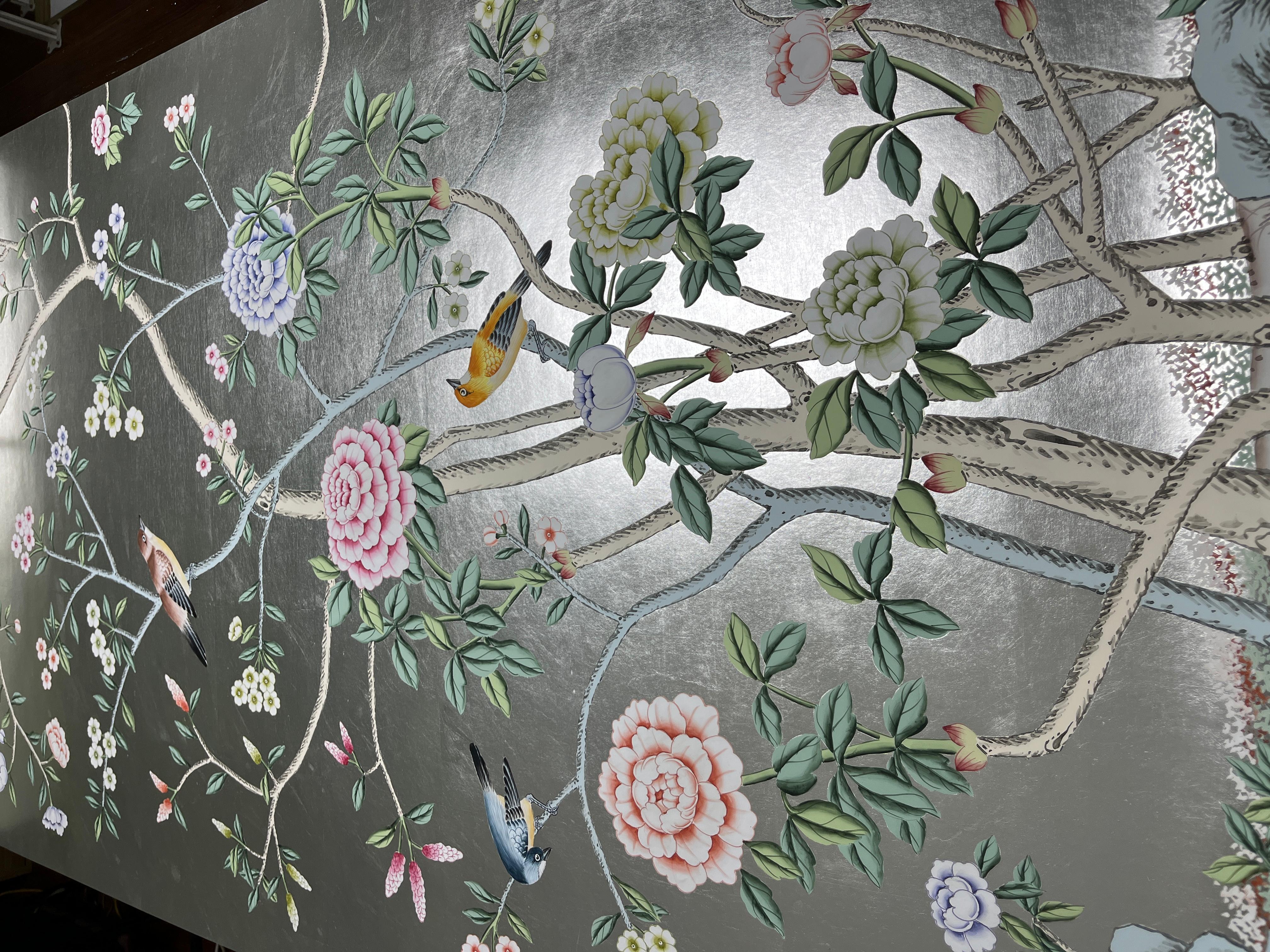 Hand-Painted Chinoiserie Panel Hand Painted Wallpaper on Silver Metallic, Accept Custom Size For Sale