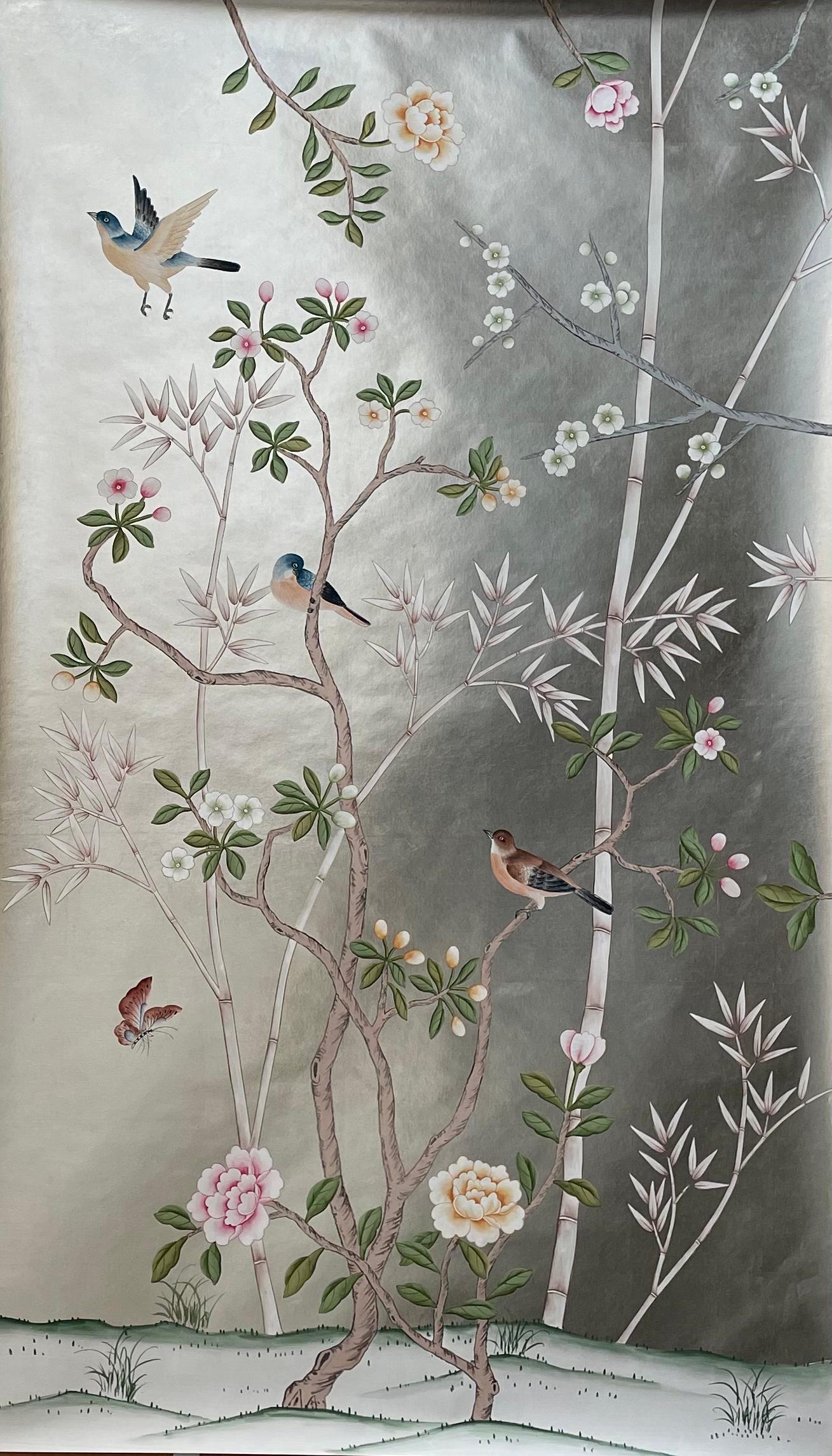 Hand-Painted Chinoiserie Panel Hand Painted Wallpaper on Silver Metallic, Accept Custom Size
