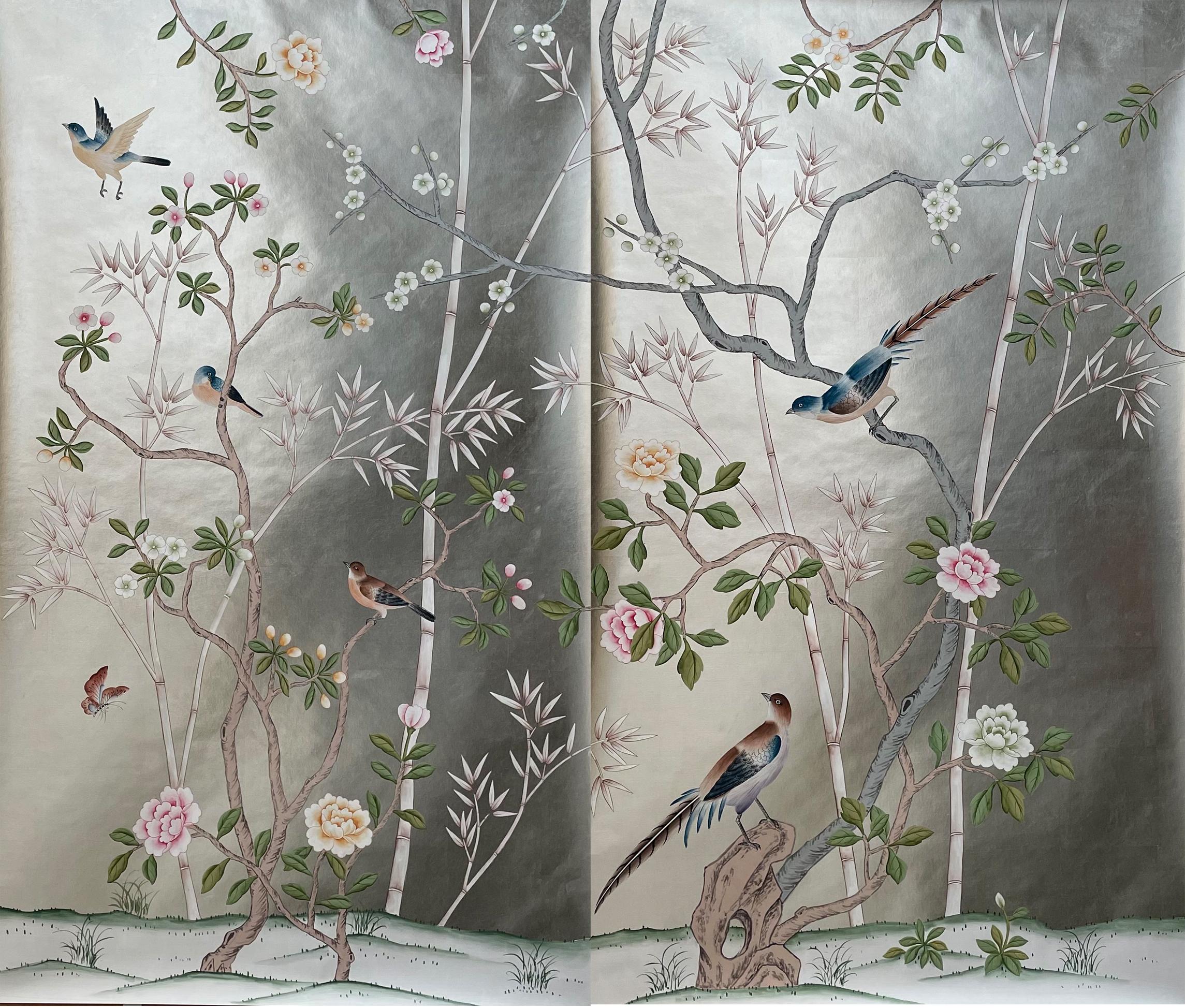 Chinoiserie Panel Hand Painted Wallpaper on Silver Metallic, Accept ...