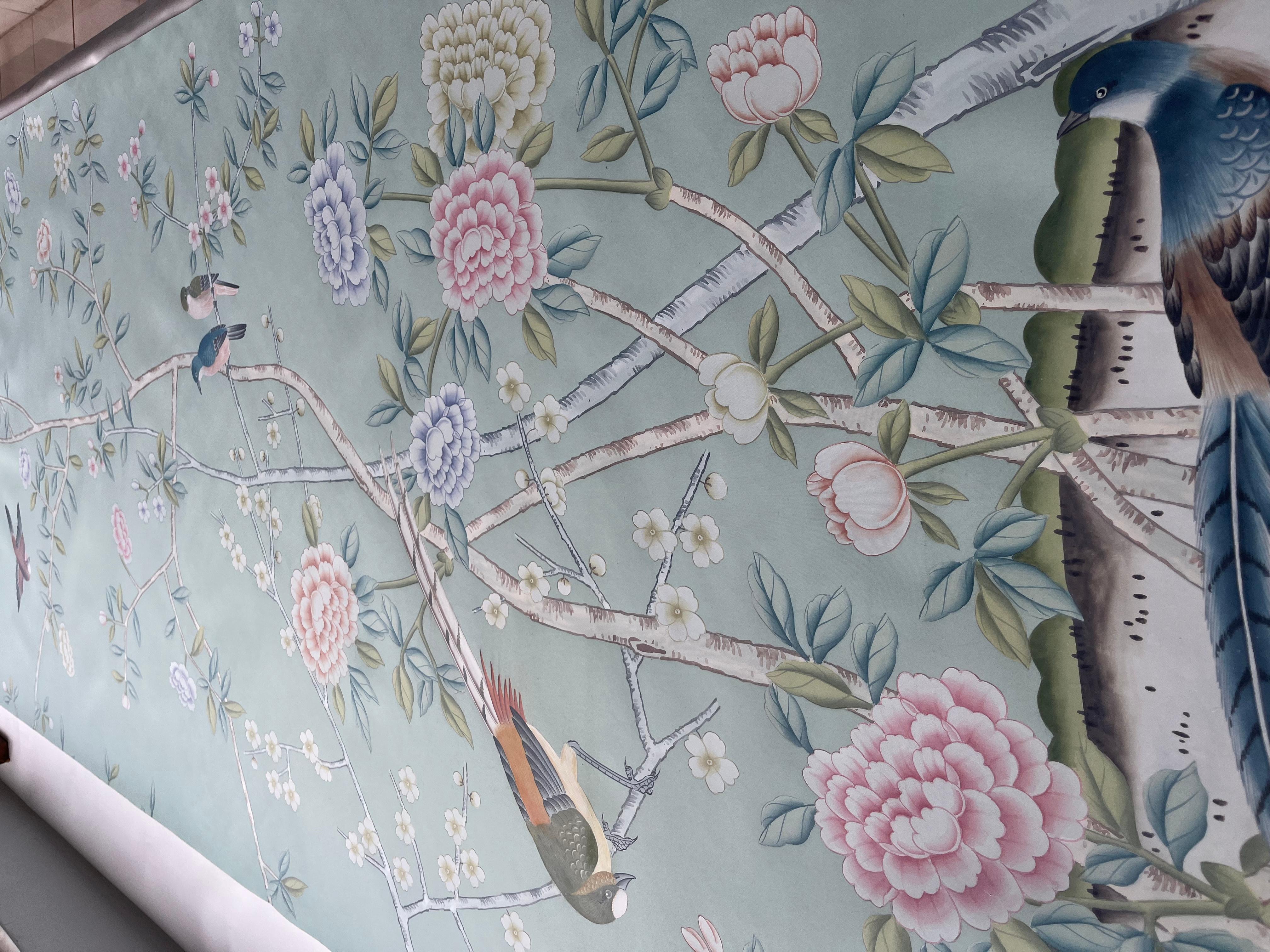 Chinese Chinoiserie Panels Hand Painted Wallpaper on Blue Silk / Panel- 3 Panels For Sale