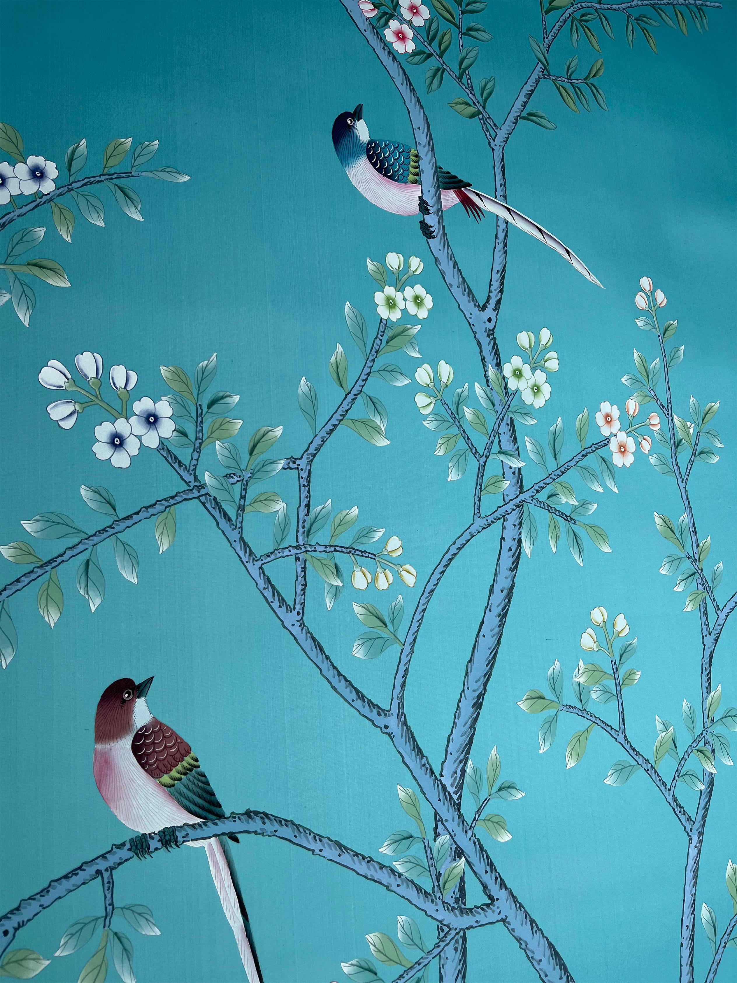 Chinese chinoiserie Panels Hand Painted Wallpaper on Blue Silk / Panel, 4 Panels For Sale