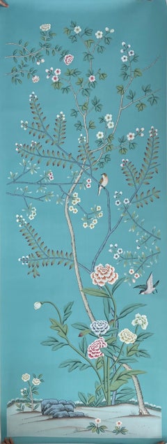 Chinoiserie Panels Hand Painted Wallpaper on Emerald Green Silk / Panel 