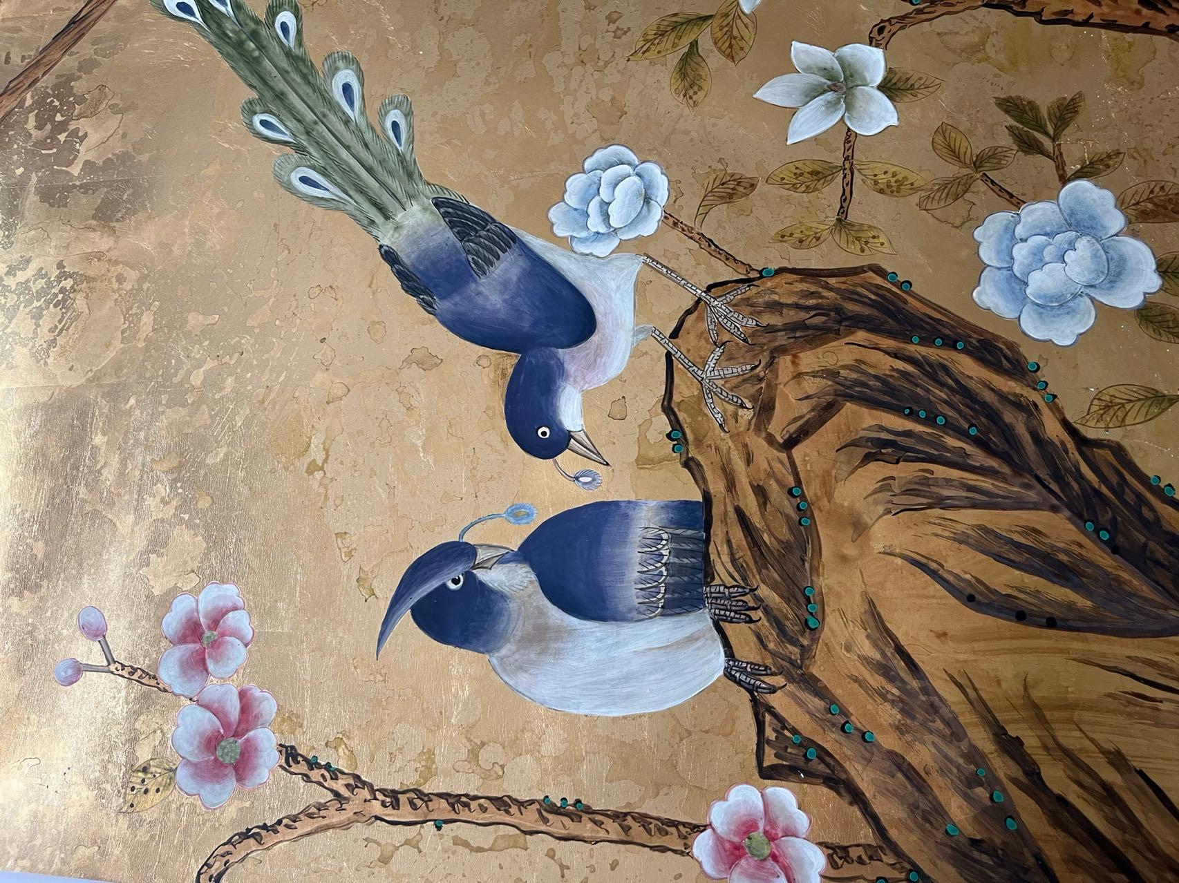 Hand-Painted Chinoiserie Panels Hand Painted Wallpaper on Gold Metallic with Antiques For Sale