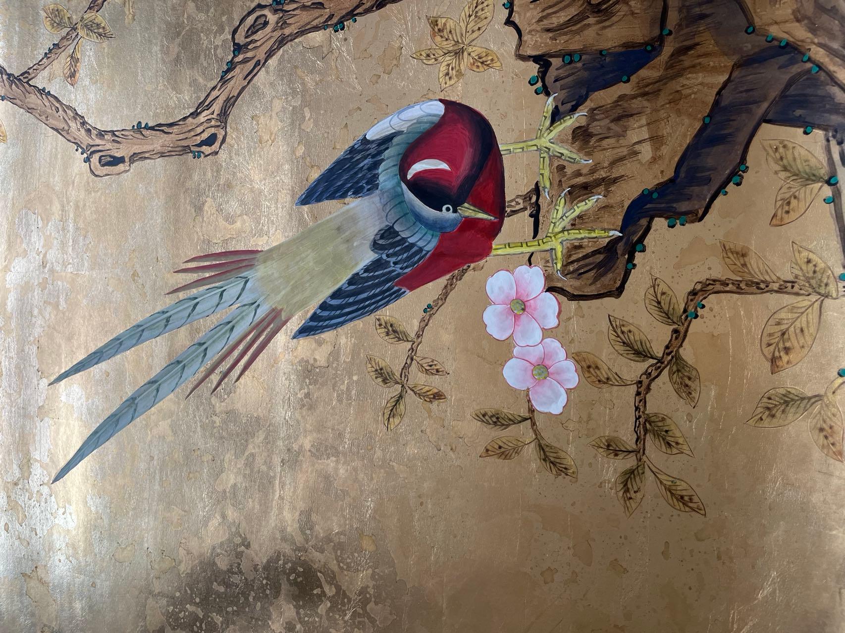 Chinoiserie Panels Hand Painted Wallpaper on Gold Metallic with Antiques In New Condition For Sale In Wuxi, 32