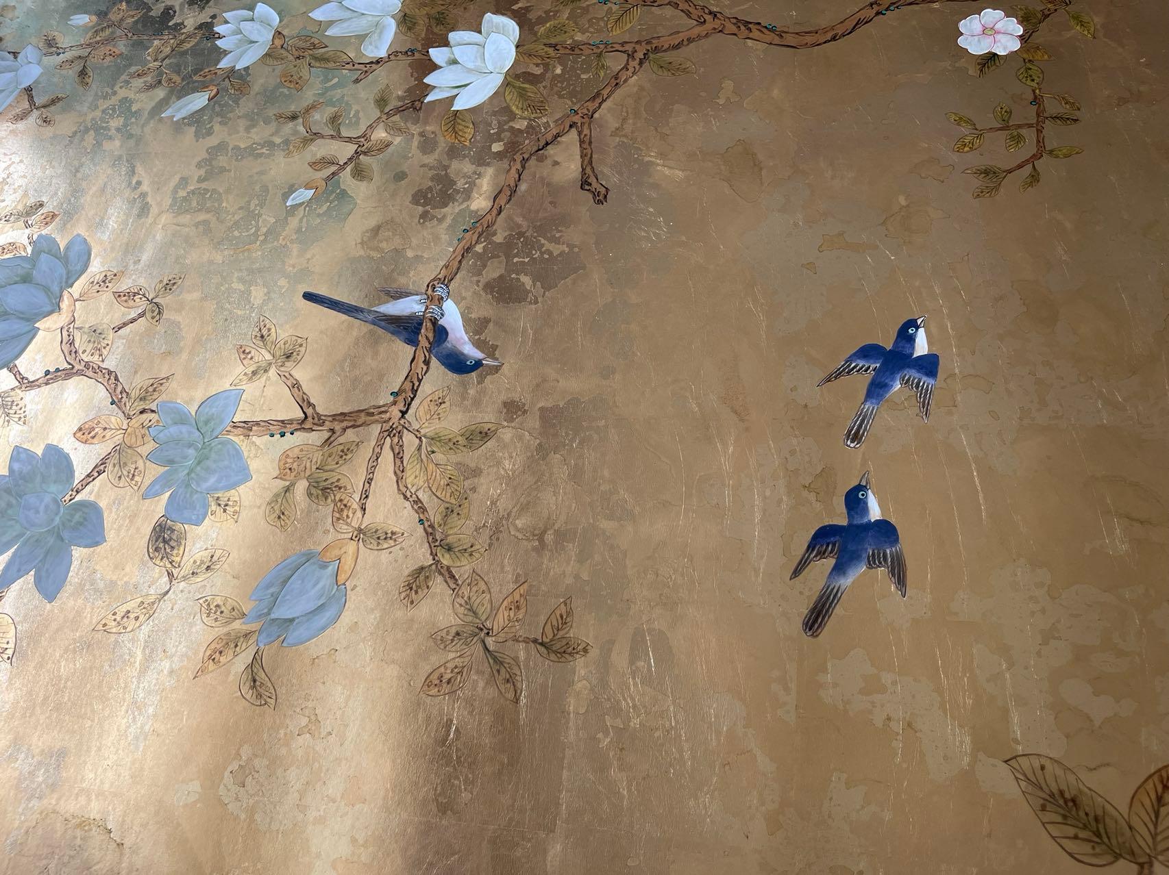 Contemporary Chinoiserie Panels Hand Painted Wallpaper on Gold Metallic with Antiques For Sale